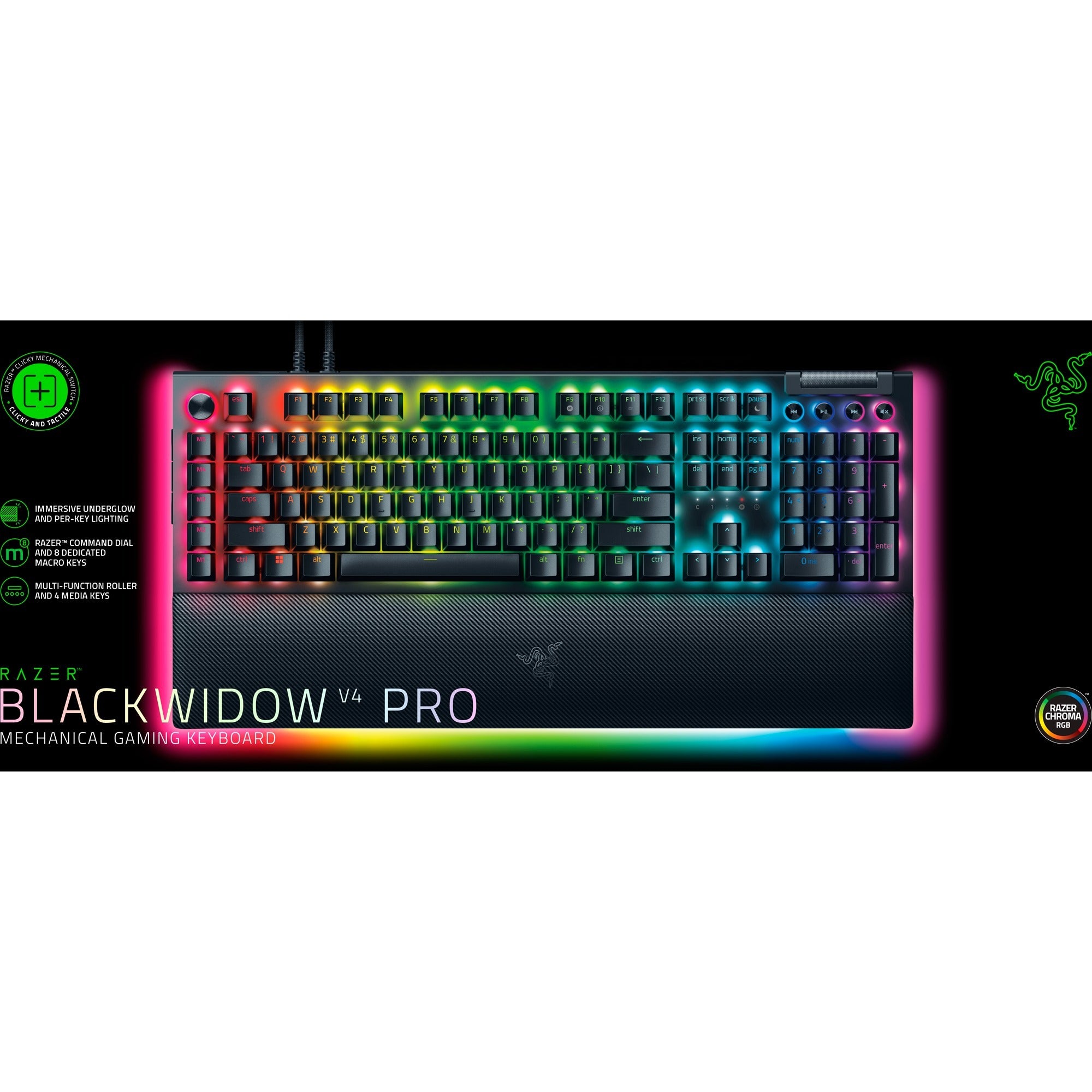 Razer blackwidow v4 pro, gaming toetsenbord (zwart, us lay-out, green, rgb leds, doubleshot abs)