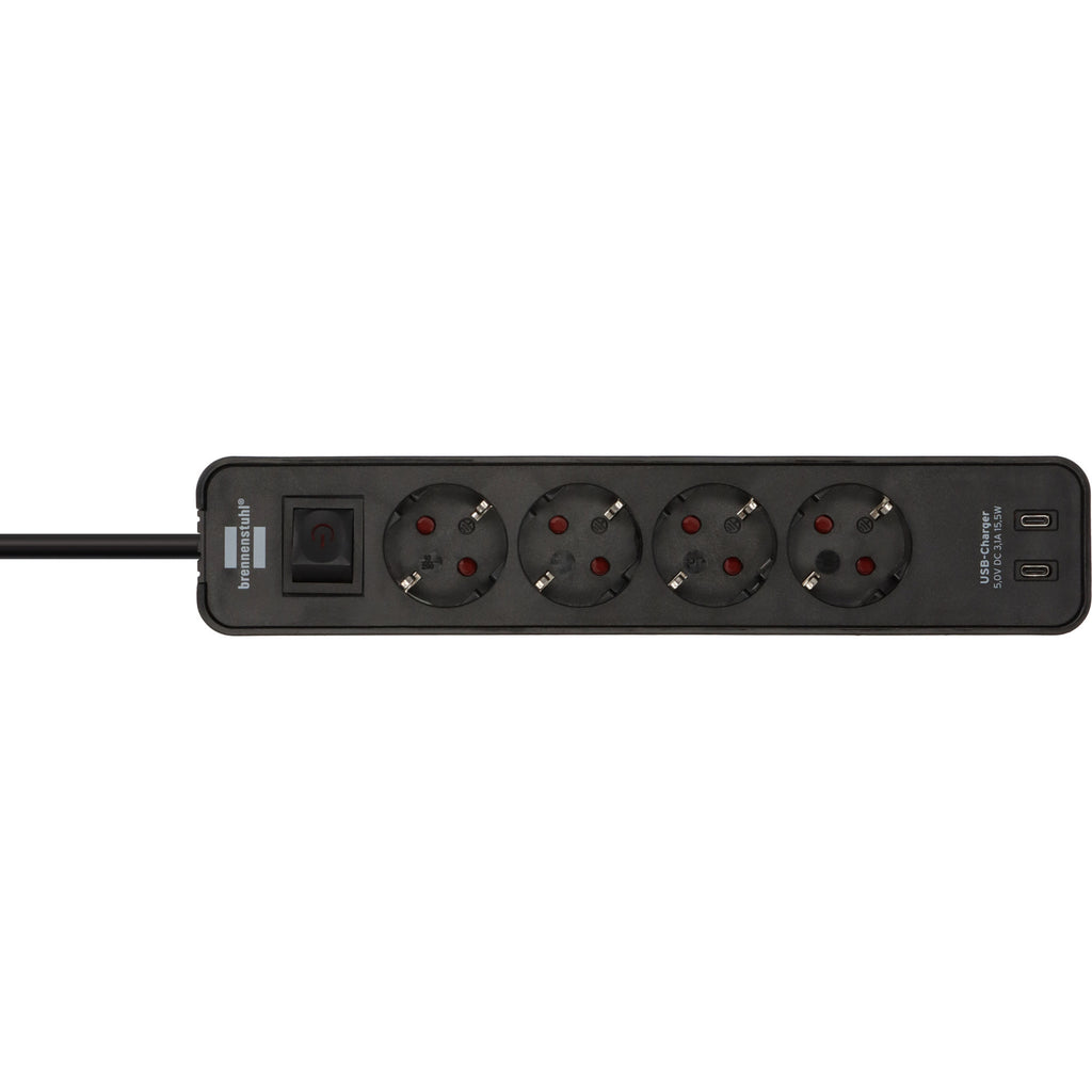 Brennenstuhl ecolor 4-voudige stekkerdoos met 2 usb-laadaansluitingen (zwart, 4x stekker, 2x usb-c, 2x usb-c)