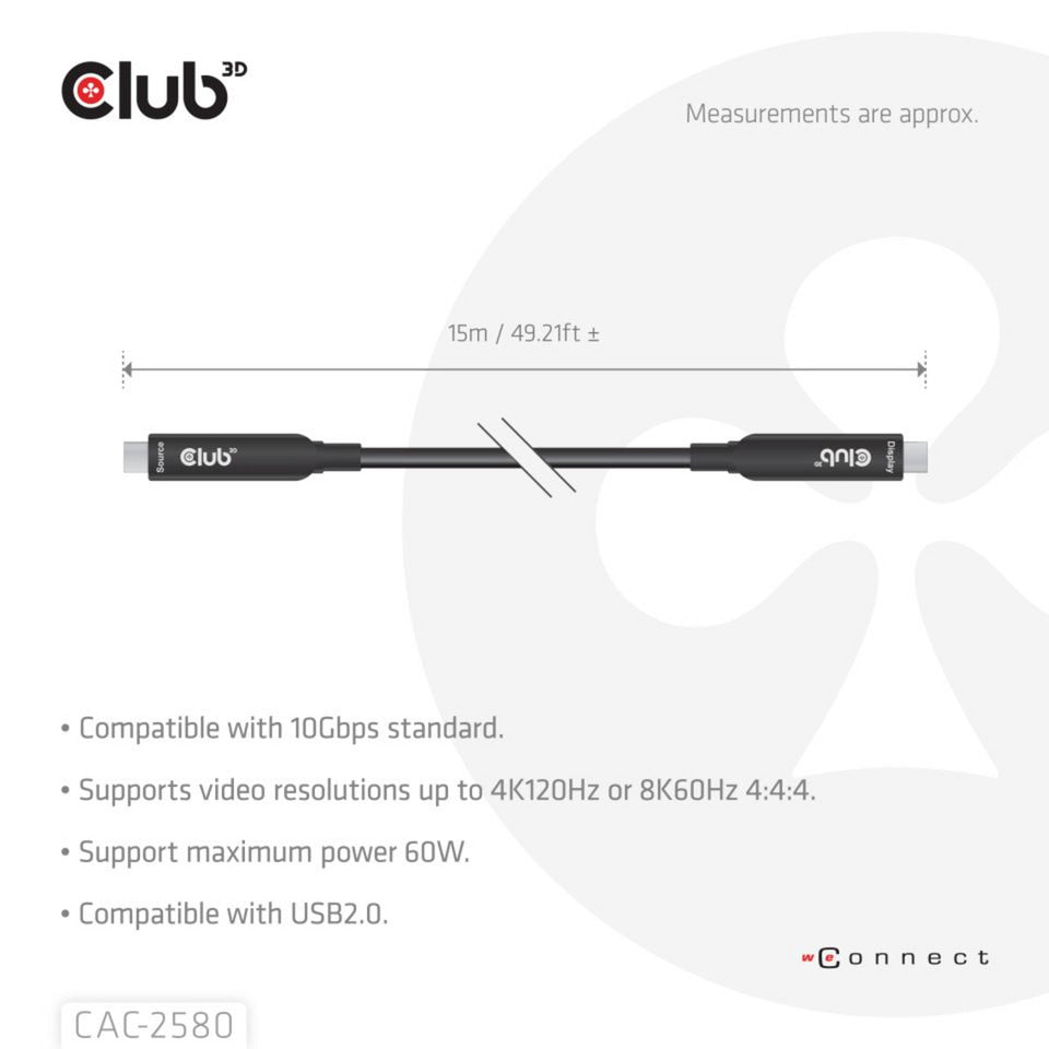 Club 3d full-feature usb-c kabel, 15m (zwart, 8k60hz 10gbps 60w)