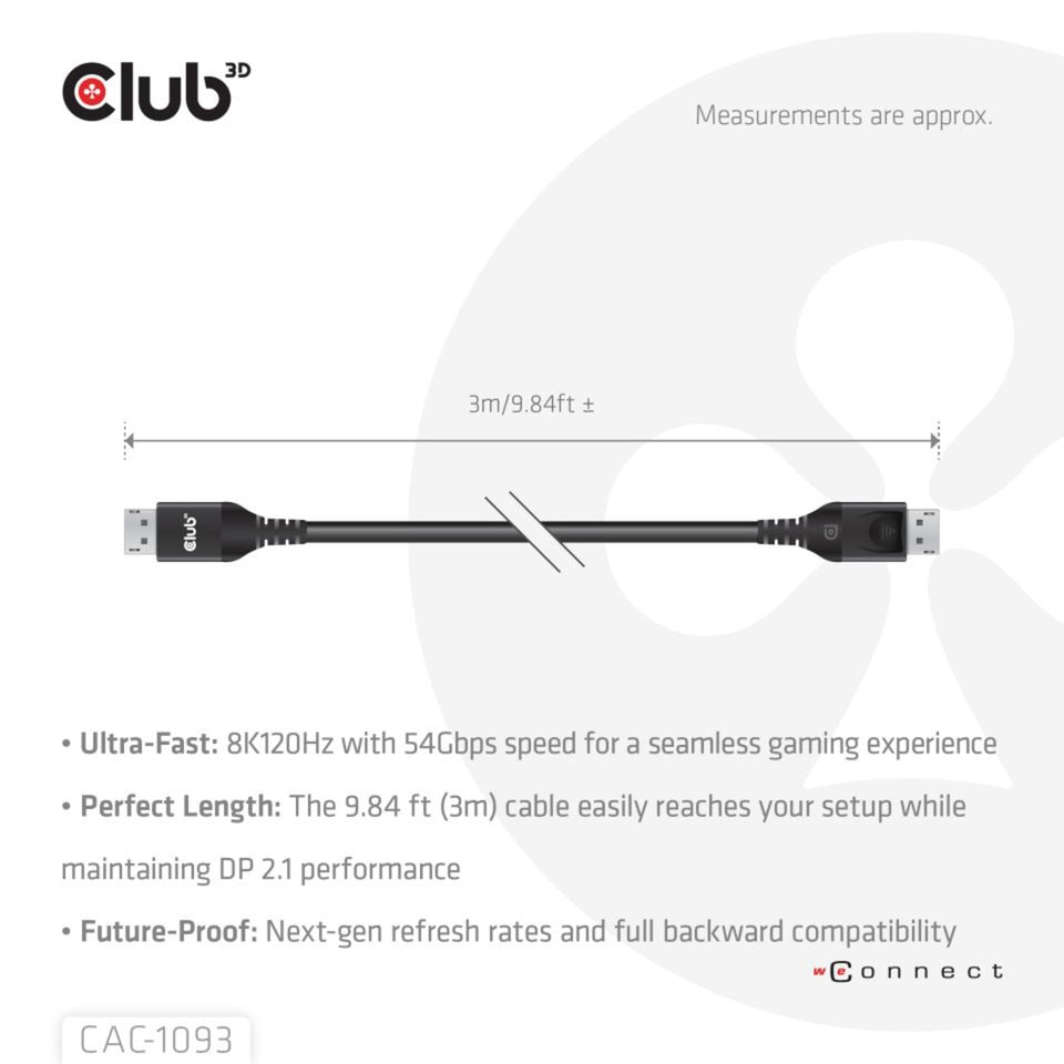 Club 3d gecertificeerde displayport 2.1 kabel (zwart, 3 meter, 8k)