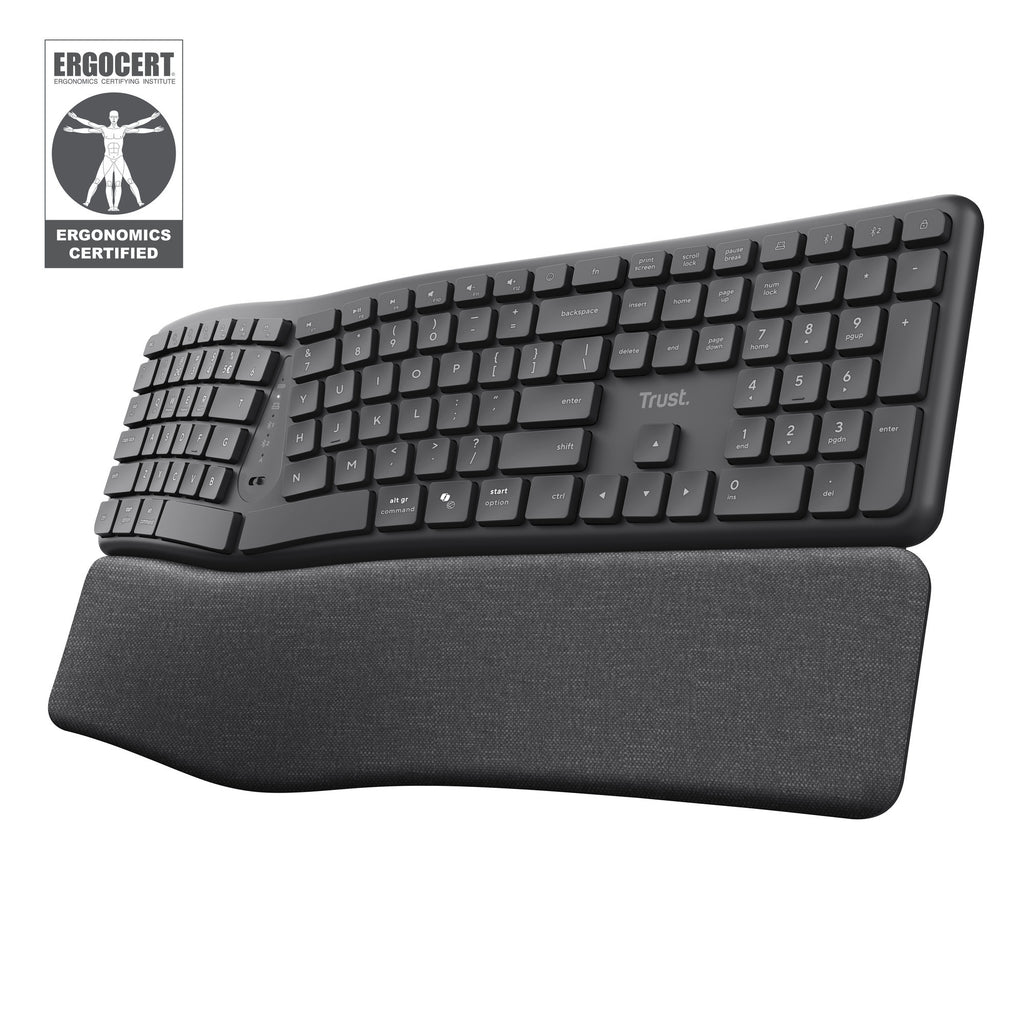 Trust keyra ergonomisch draadloos toetsenbord (zwart, us lay-out (qwerty), 100%, 2.4 ghz usb | bluetooth)