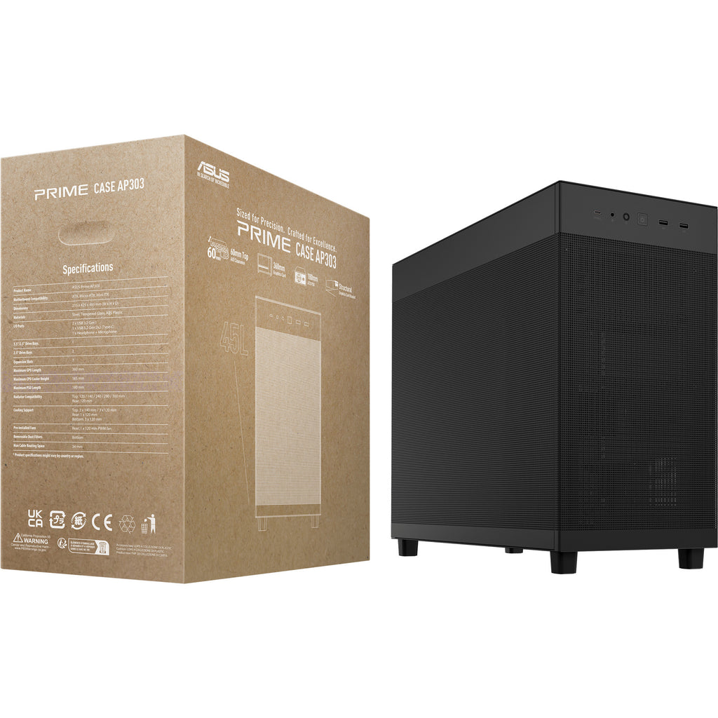 Asus prime ap303 - mesh panel midi tower behuizing (zwart | 2x usb-a | 1x usb-c)