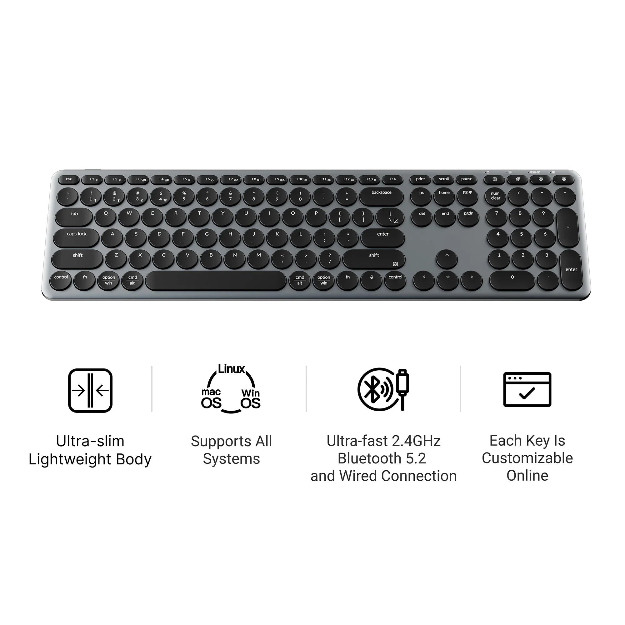 Keychron b5 pro-k1 toetsenbord (grijs, us lay-out (qwerty), scissor switches, 100%, abs keycaps, 2.4 ghz bluetooth usb)