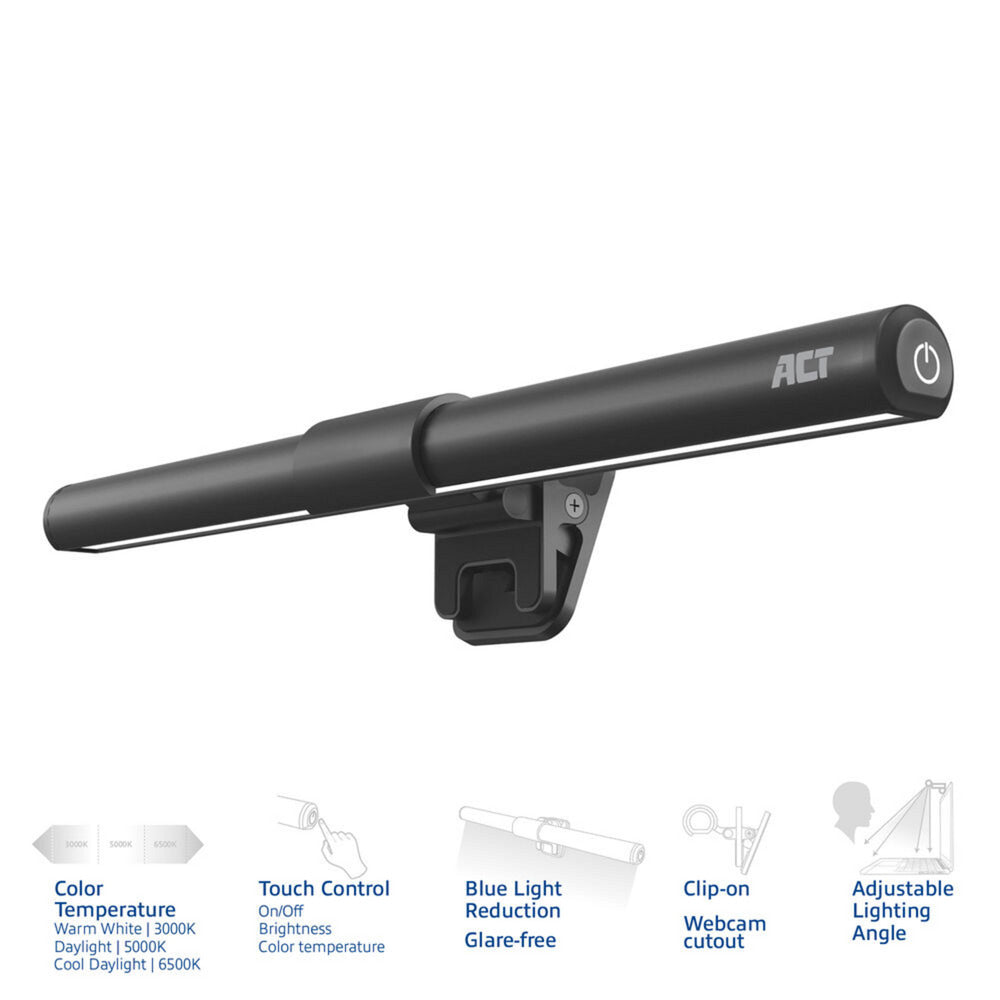 Act connectivity dimbare clip-on laptop led-lichtbalk led bar (zwart, usb-voeding, 3000k-6500k)
