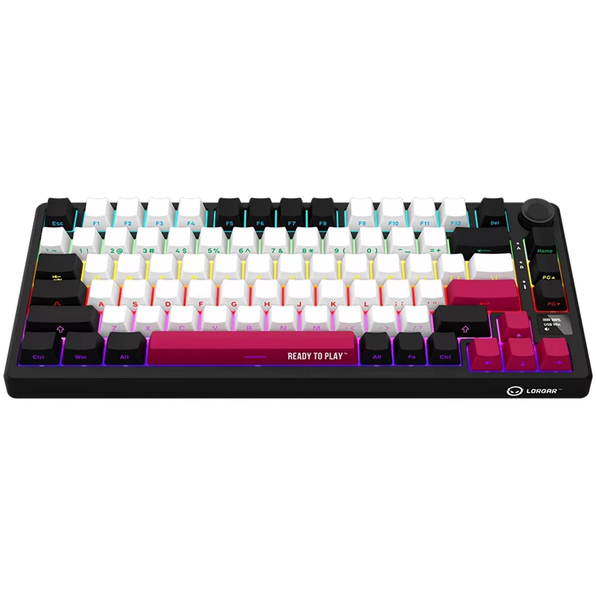 Lorgar kbp7075w rgb mechanisch gaming toetsenbord (zwart, us lay-out (qwerty), logar toxic purple, 75%, rgb, hot-swappable, pbt double-shot, bluetooth | 2.4ghz | usb)