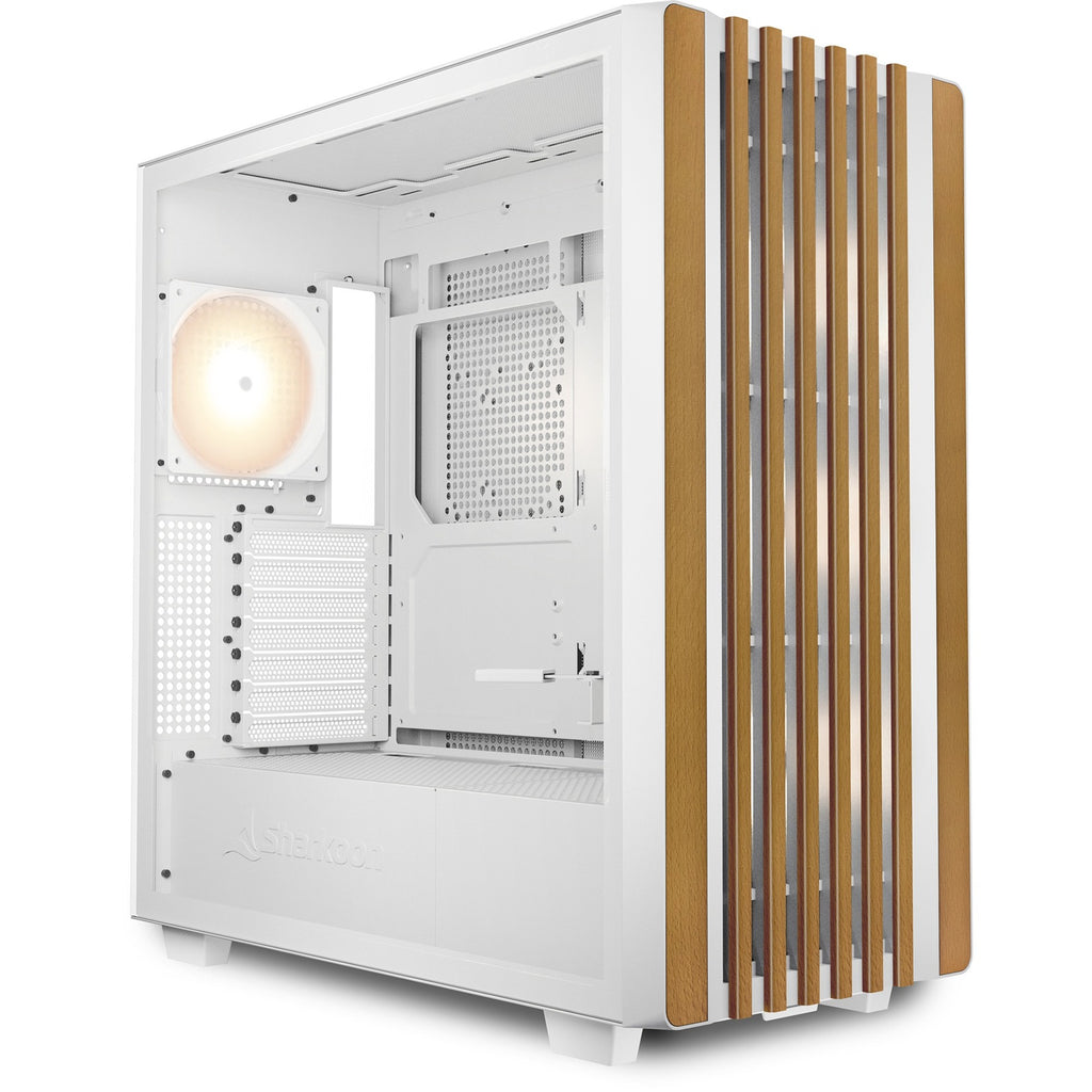 Sharkoon rebel c70g rgb midi tower behuizing (wit houtkleur | 2x usb-a | 1x usb-c | rgb | tempered glass)