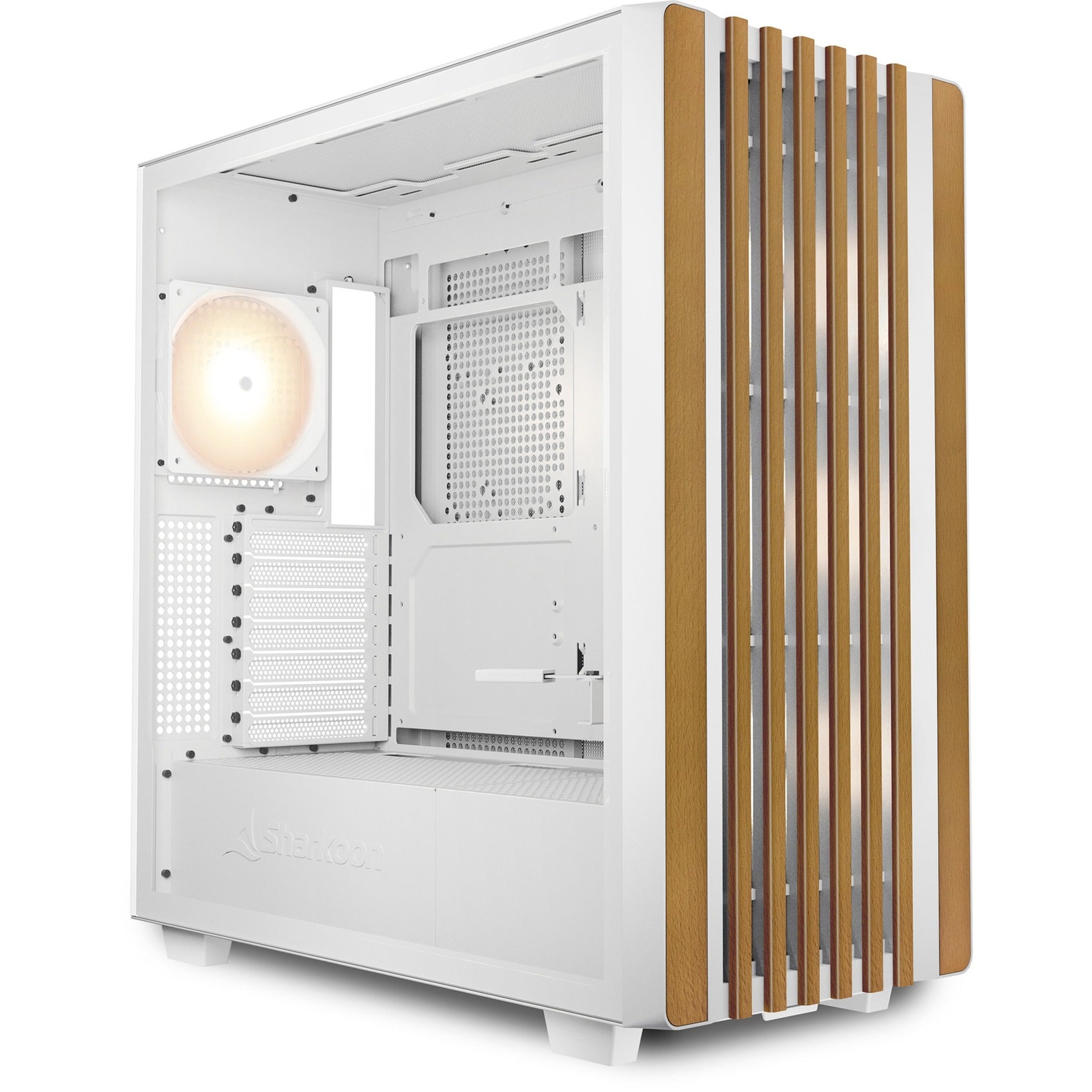 Sharkoon rebel c70g rgb midi tower behuizing (wit houtkleur | 2x usb-a | 1x usb-c | rgb | tempered glass)