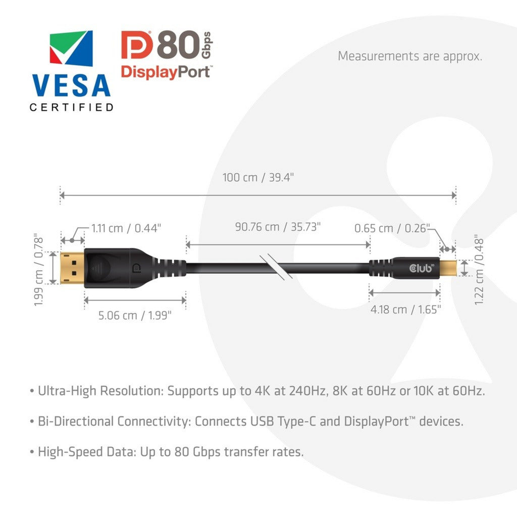 Club 3d usb-c naar displayport dp80 bidirectioneel adapter (zwart, 1 meter, vesa-gecertificeerd)
