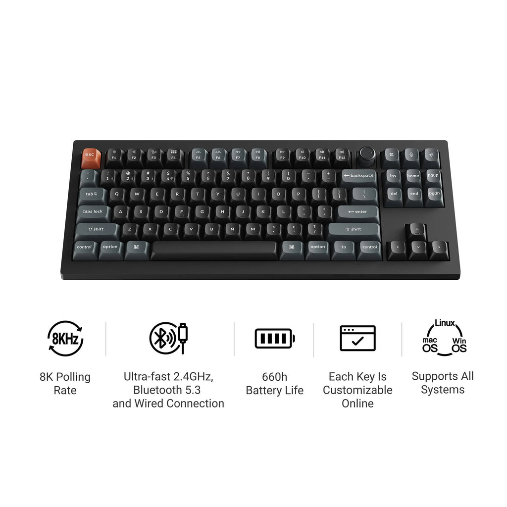 Keychron v3 ultra 8k wireless custom mechanical keyboard (zwart, us lay-out (qwerty), silk pom banana, 80% (tkl), rgb, hot swap, 2.4 ghz | bluetooth 5.3 | usb-c)