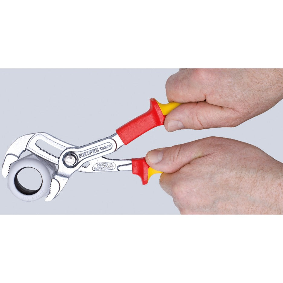 Knipex cobra vde hightech-waterpomptang 87 26 250 zweedse- waterpomp-tang (rood geel, getande grijpvlakken, doorgestoken scharnier )