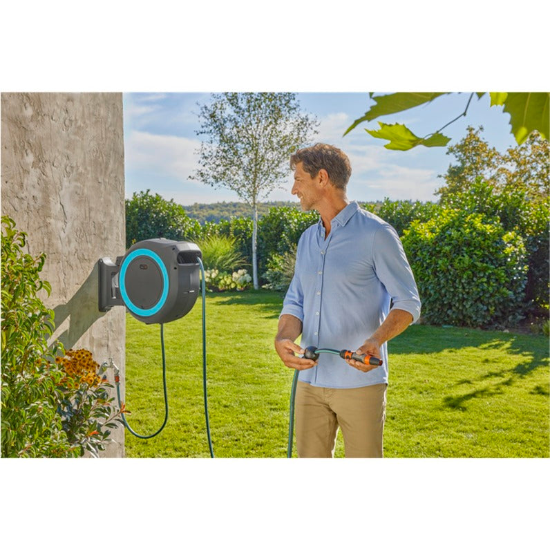 Gardena 40 m wand-slangenbox powerroll xxl slanghaspel (grijs turquoise, 40 meter, accu en oplader niet inbegrepen, power for all alliance, )