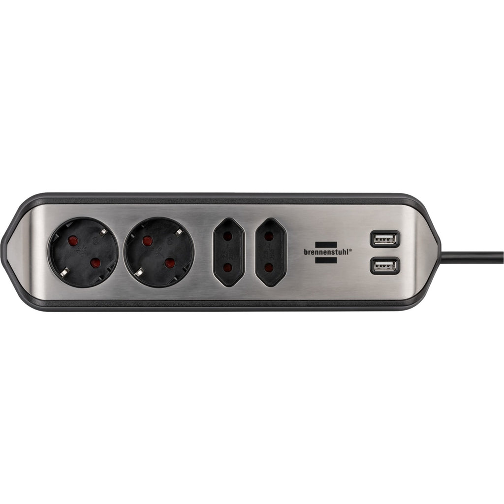 Brennenstuhl ®estilo hoekaansluitdoosstrook met usb laadfunctie 4-weg 2x b eschermend contactdoos 2x euro zilver zwart