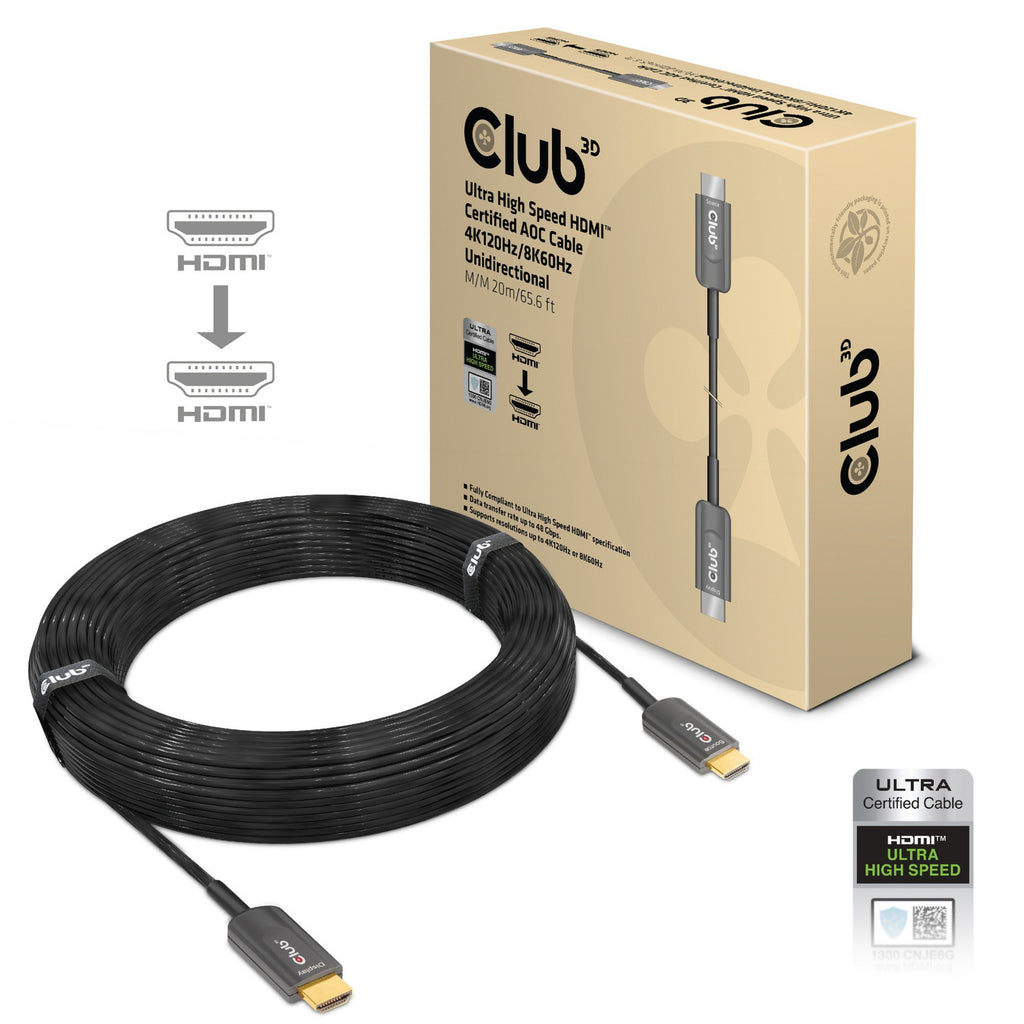 Club 3d ultra high speed aoc hdmi 2.1 gecertificeerde unidirectioneel kabel male-male (zwart, 20 meter, 4k 120hz, 8k 60hz, 48gbps)