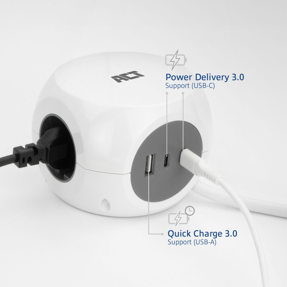 Act connectivity stekkerdoos kubus met 3 stopcontacten, 30w power delivery usb-c a poorten, kabellengte 1,5m stekkerdoos (wit, type f)