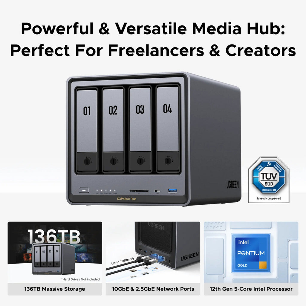 Ugreen nasync dxp4800 plus (grijs, 1x 2,5gbe, 1x 10gbe, hdmi, usb-c)