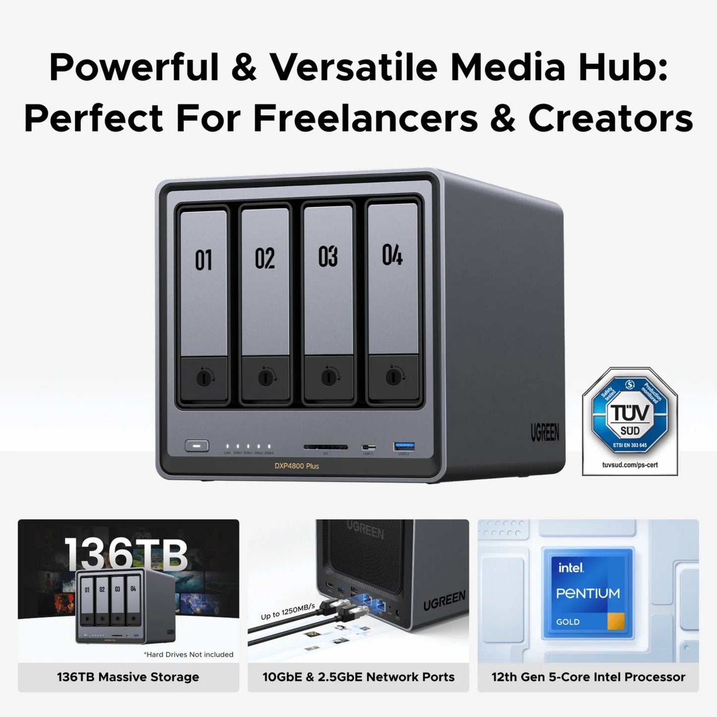 Ugreen nasync dxp4800 plus (grijs, 1x 2,5gbe, 1x 10gbe, hdmi, usb-c)