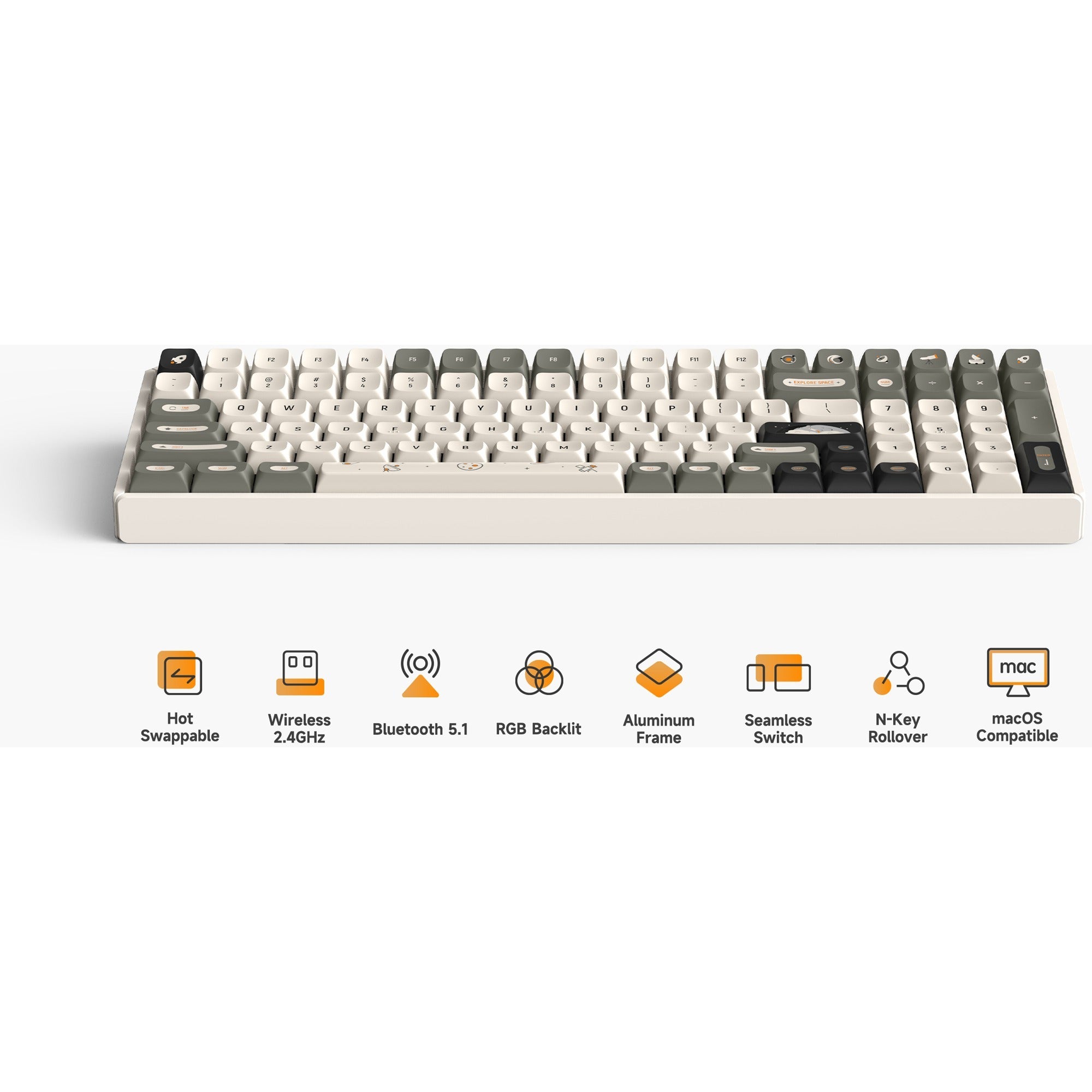 Iqunix f97 hitchhiker wireless mechanical keyboard (grijs, us lay-out (qwerty), cherry mx brown, 96%, rgb leds, hot-swappable, pbt, 2.4ghz | bluetooth 5.1 | usb-c)