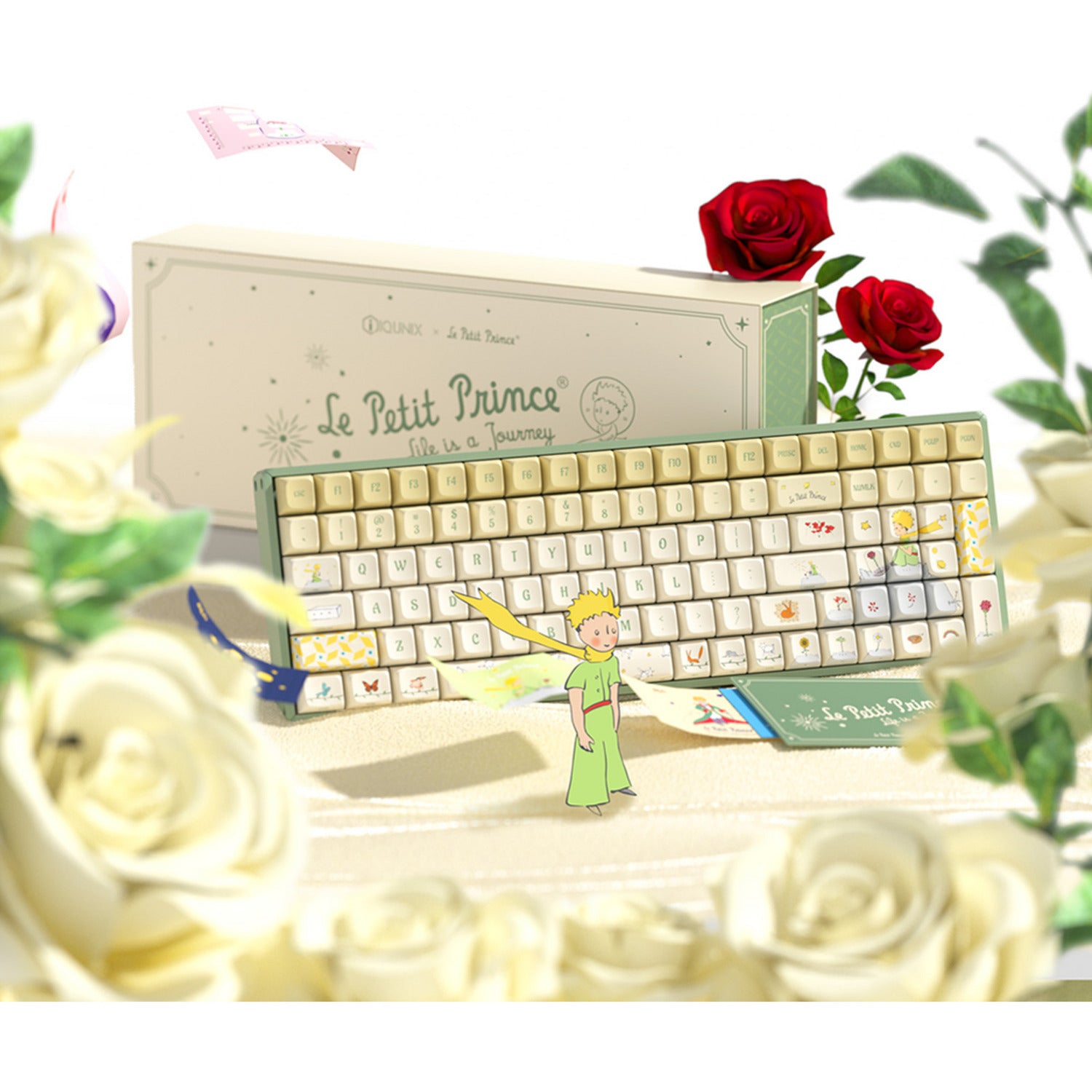 Iqunix f97 floral date rgb mechanisch gaming toetsenbord (groen, us lay-out (qwerty), gateron red, 96%, rgb leds, hot-swappable, pbt, 2.4ghz | bluetooth 5.1 | usb-c)