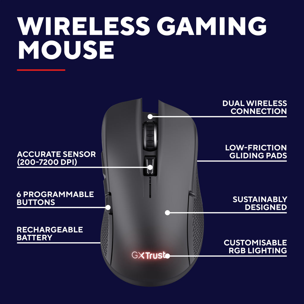 Trust gxt 931 ybar draadloze gamingmuis (zwart, 200 - 7.200 dpi, 2.4ghz bluetooth usb)