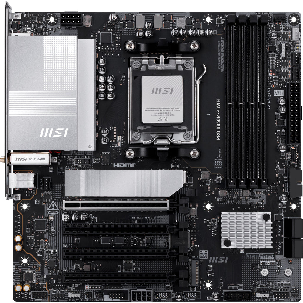Msi pro b850m-p wifi socket am5 moederbord (zwart zilver, raid, 5gb-lan, wi-fi 7, bt, sound, µatx)
