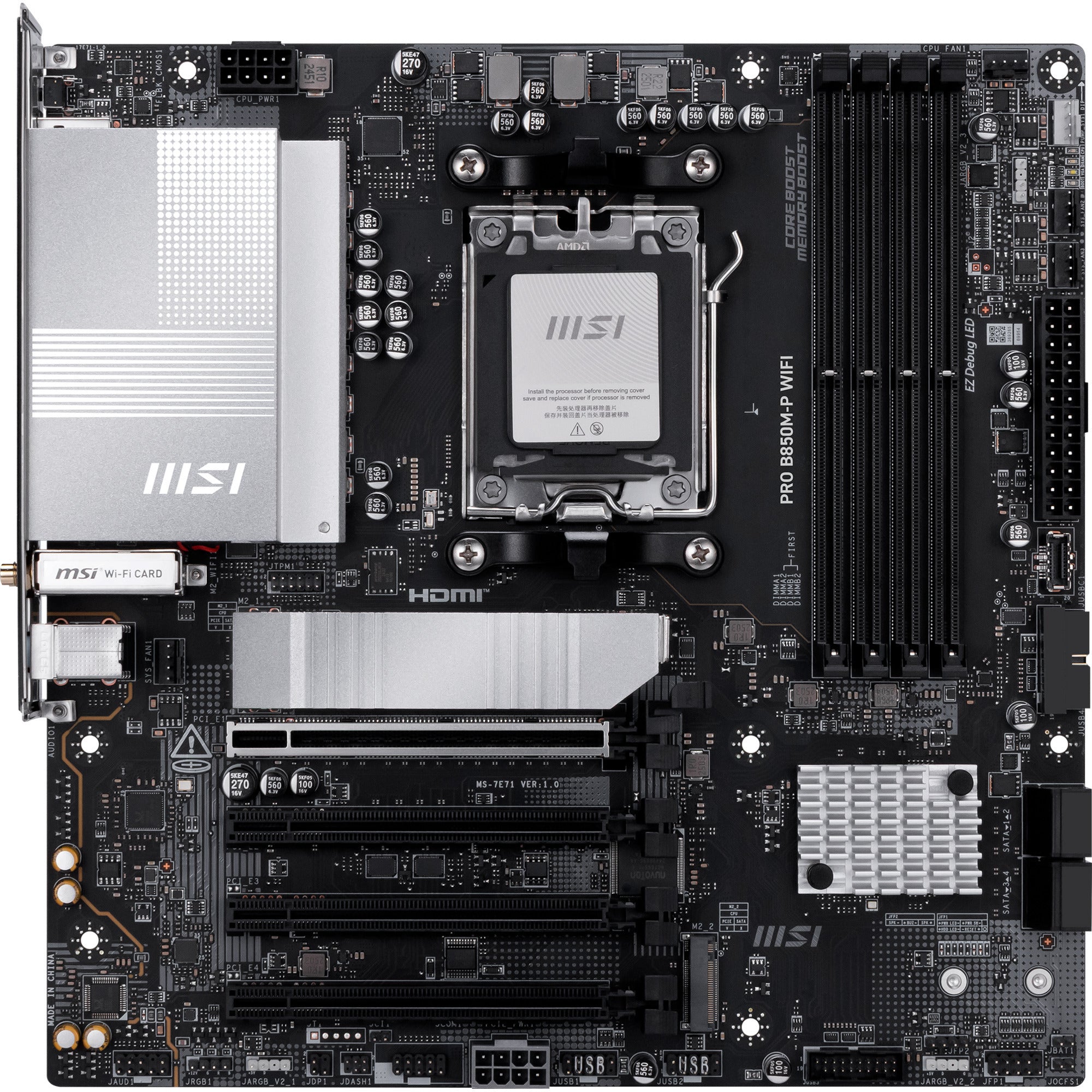Msi pro b850m-p wifi socket am5 moederbord (zwart zilver, raid, 5gb-lan, wi-fi 7, bt, sound, µatx)