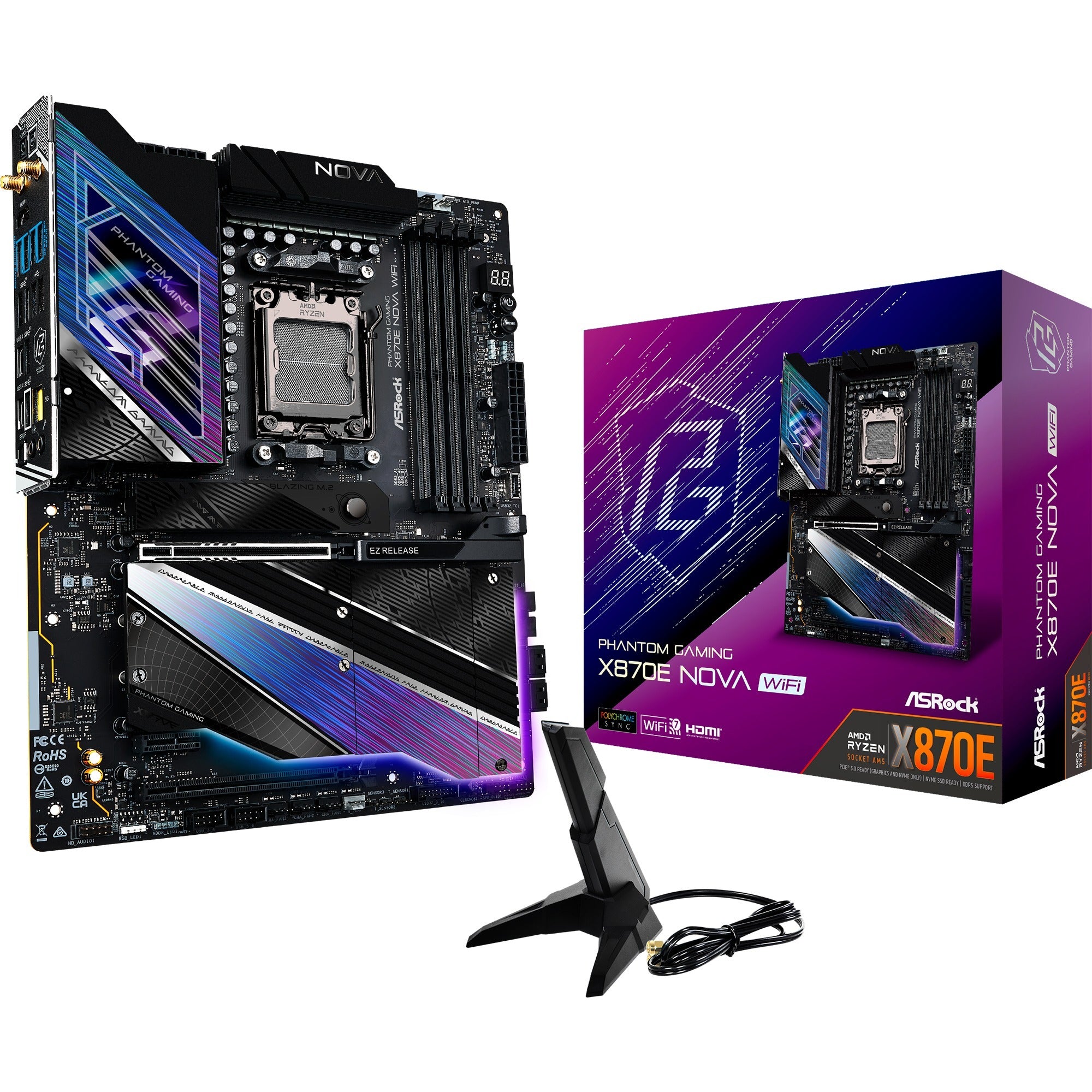 Asrock x870e nova wifi socket am5 moederbord (raid, 5 gb-lan, wi-fi 7, bt, e-atx)