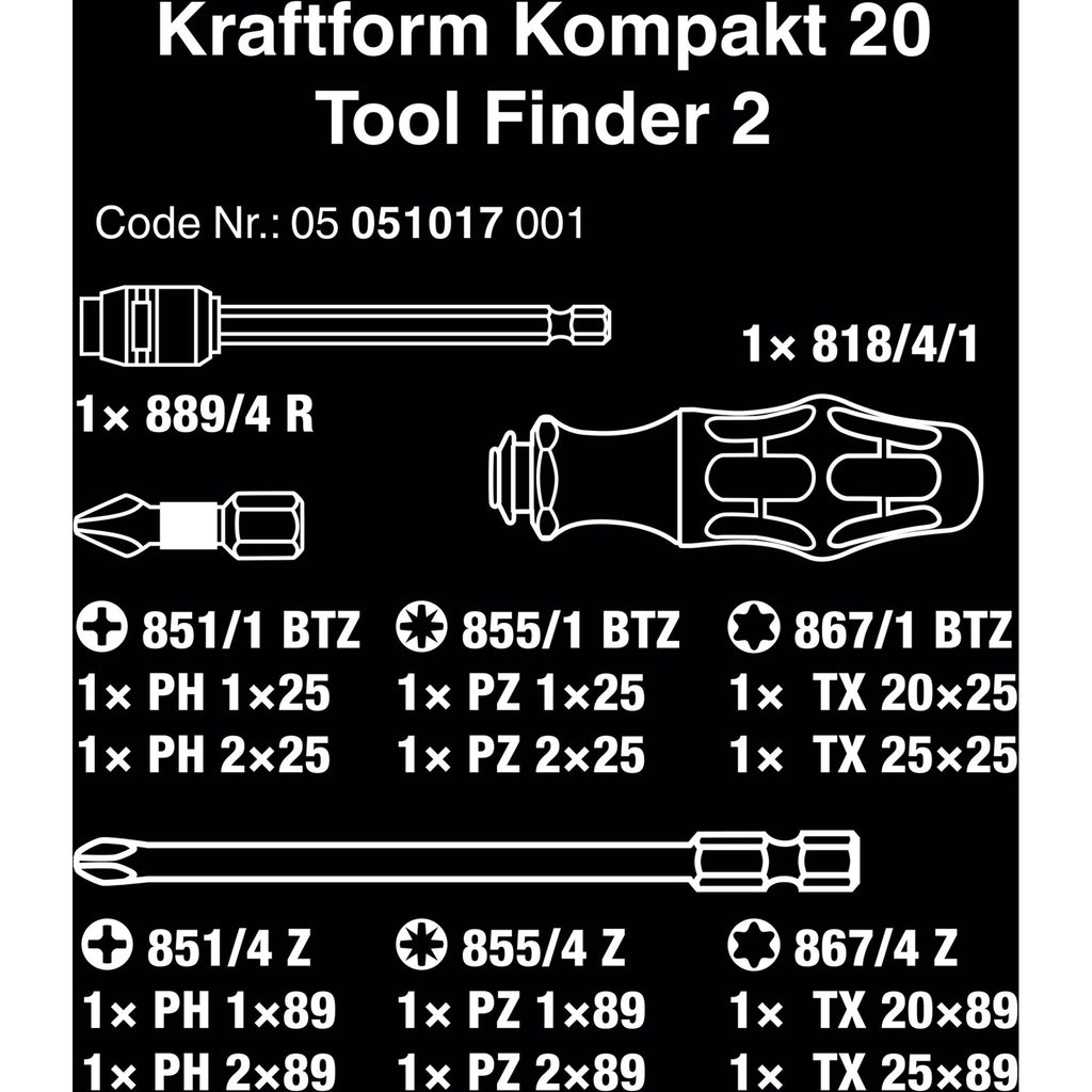 Wera kraftform kompakt 20 tool finder 2 met etui bitset (zwart groen, 13-delig)