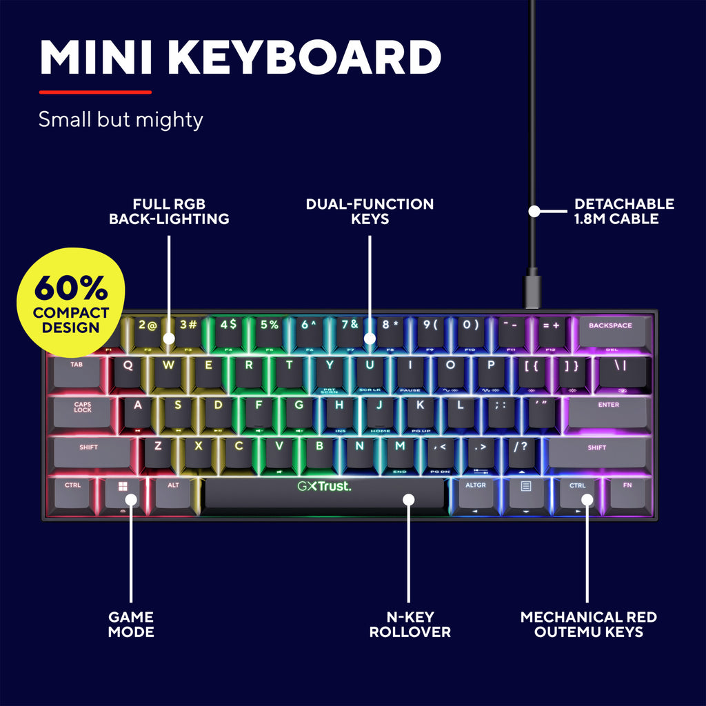 Trust gxt 867 acira 60% mini mechanisch gaming-toetsenbord, gaming toetsenbord (zwart, us lay-out, outemu red, 60%, rgb)