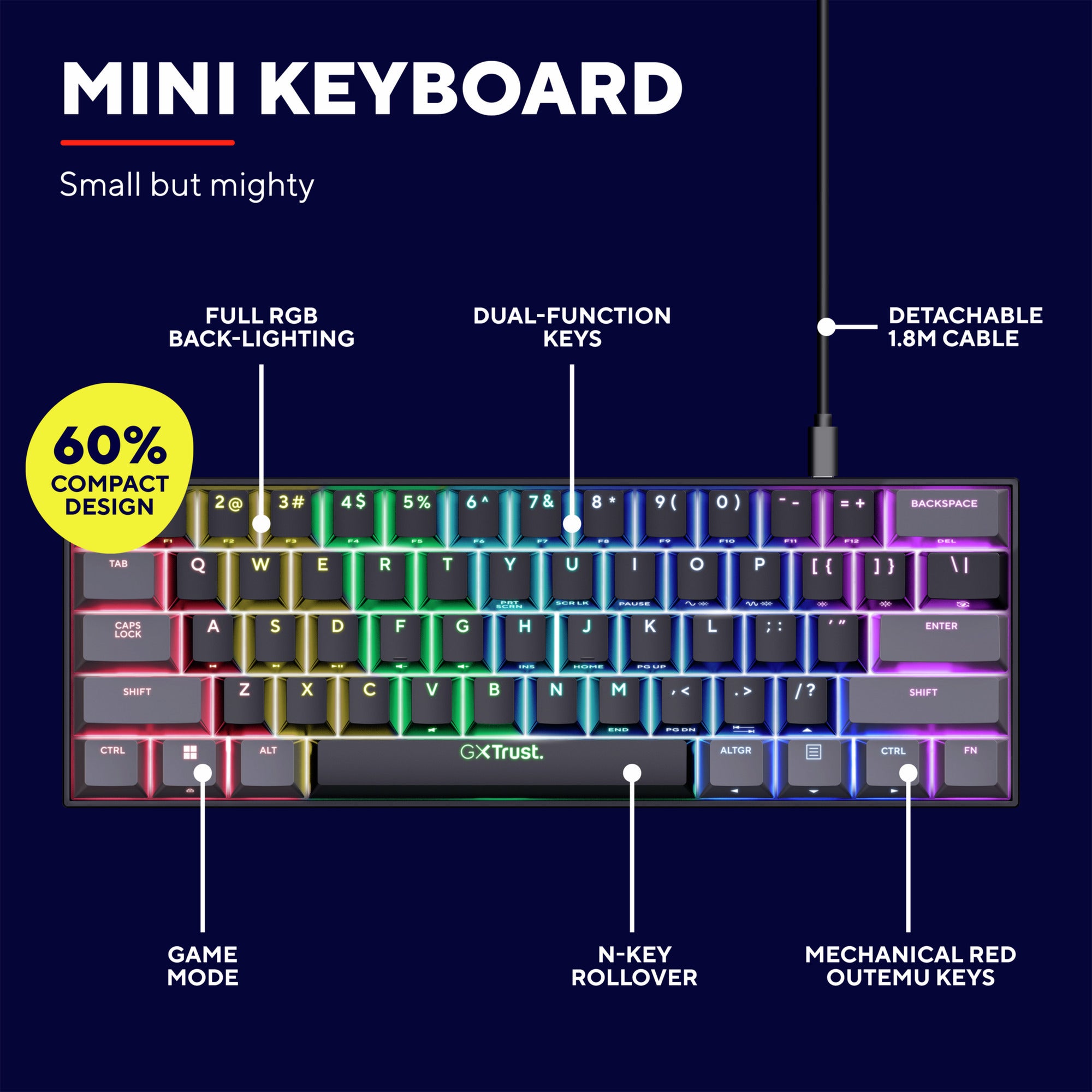 Trust gxt 867 acira 60% mini mechanisch gaming-toetsenbord, gaming toetsenbord (zwart, us lay-out, outemu red, 60%, rgb)