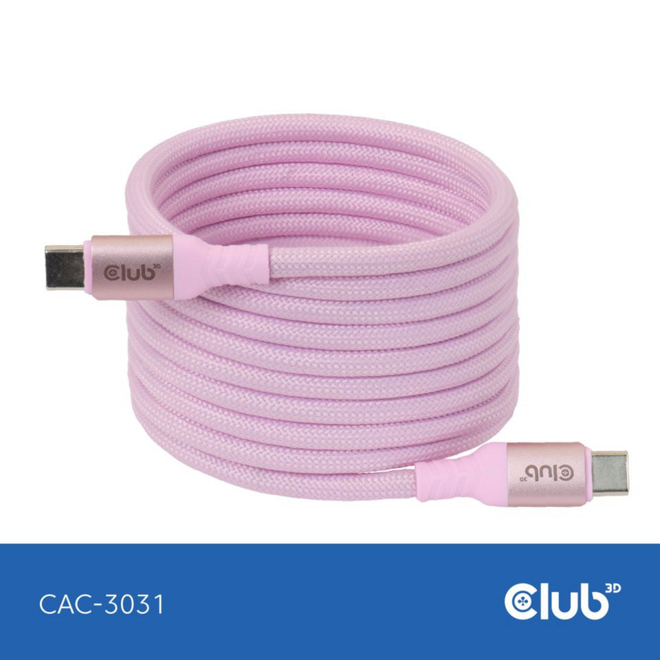 Club 3d usb-c magnetic-coil 240w pd3.1 pink cable, 2 meter kabel (roze)