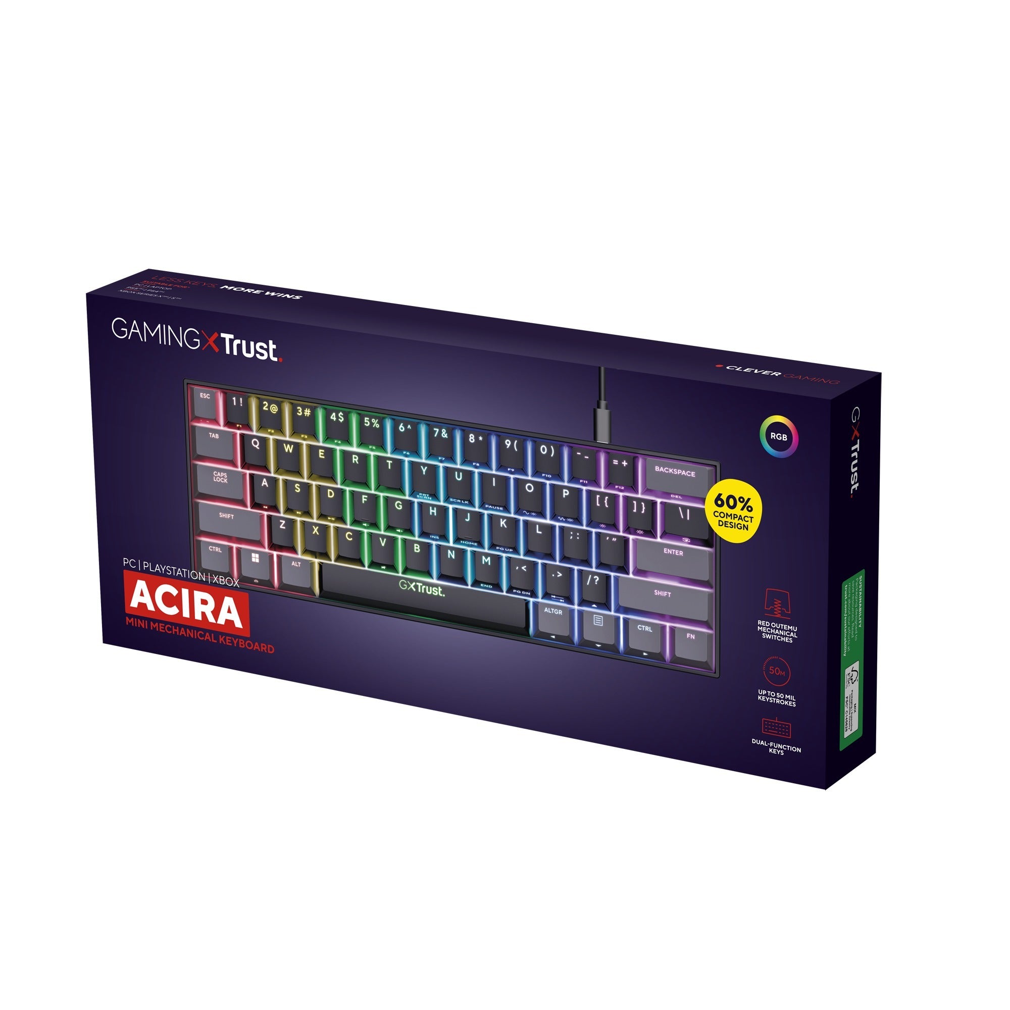 Trust gxt 867 acira 60% mini mechanisch gaming-toetsenbord, gaming toetsenbord (zwart, us lay-out, outemu red, 60%, rgb)
