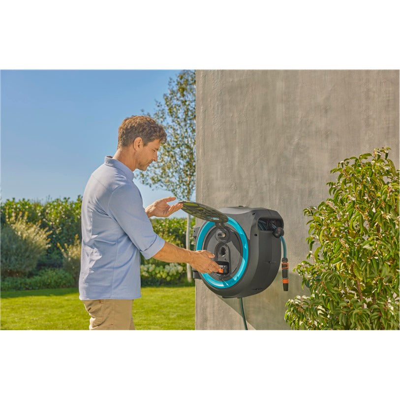 Gardena 40 m wand-slangenbox powerroll xxl slanghaspel (grijs turquoise, 40 meter, accu en oplader niet inbegrepen, power for all alliance, )