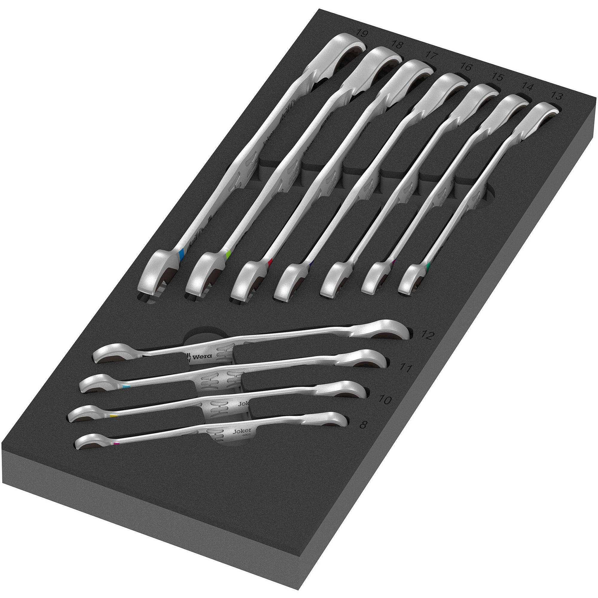 Wera 9733 schuimrubberen inzetstuk met 6001 joker switch set 1, 11‑delig moersleutel (zwart grijs)