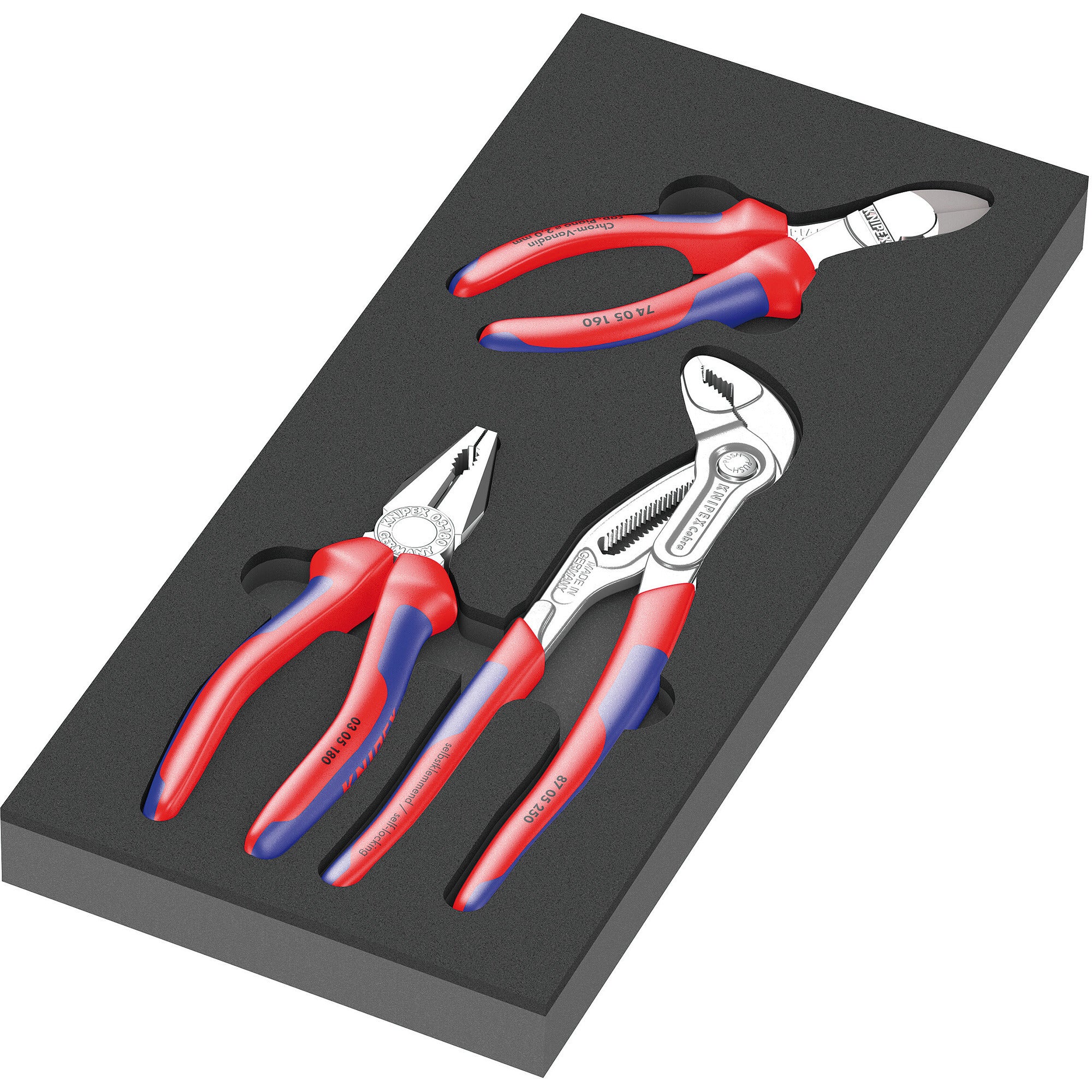 Wera 9784 schuimrubberen inzetstuk met knipex tangen set vde 1, 3‑delig tangenset (zwart grijs)