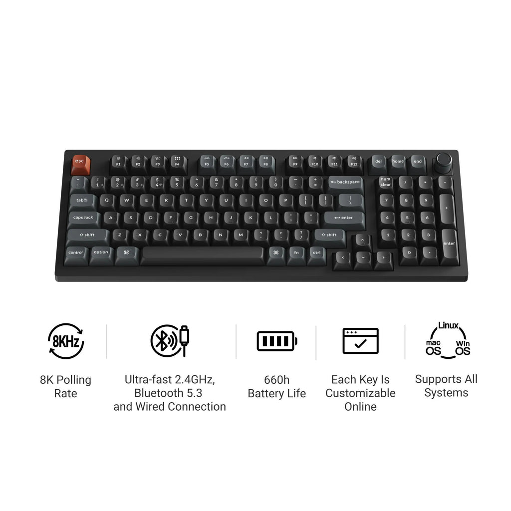 Keychron v5 ultra 8k wireless custom mechanical keyboard (zwart, us lay-out (qwerty), silk pom banana, 96%, rgb, hot swap, 2.4 ghz | bluetooth 5.3 | usb-c)