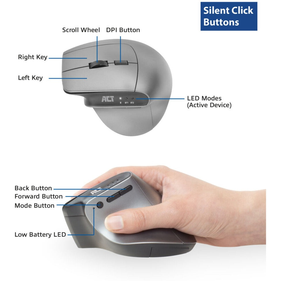 Act connectivity draadloze ergonomische muis met bluetooth en usb-c usb-a (zilver zwart, 1000 - 2400 dpi)