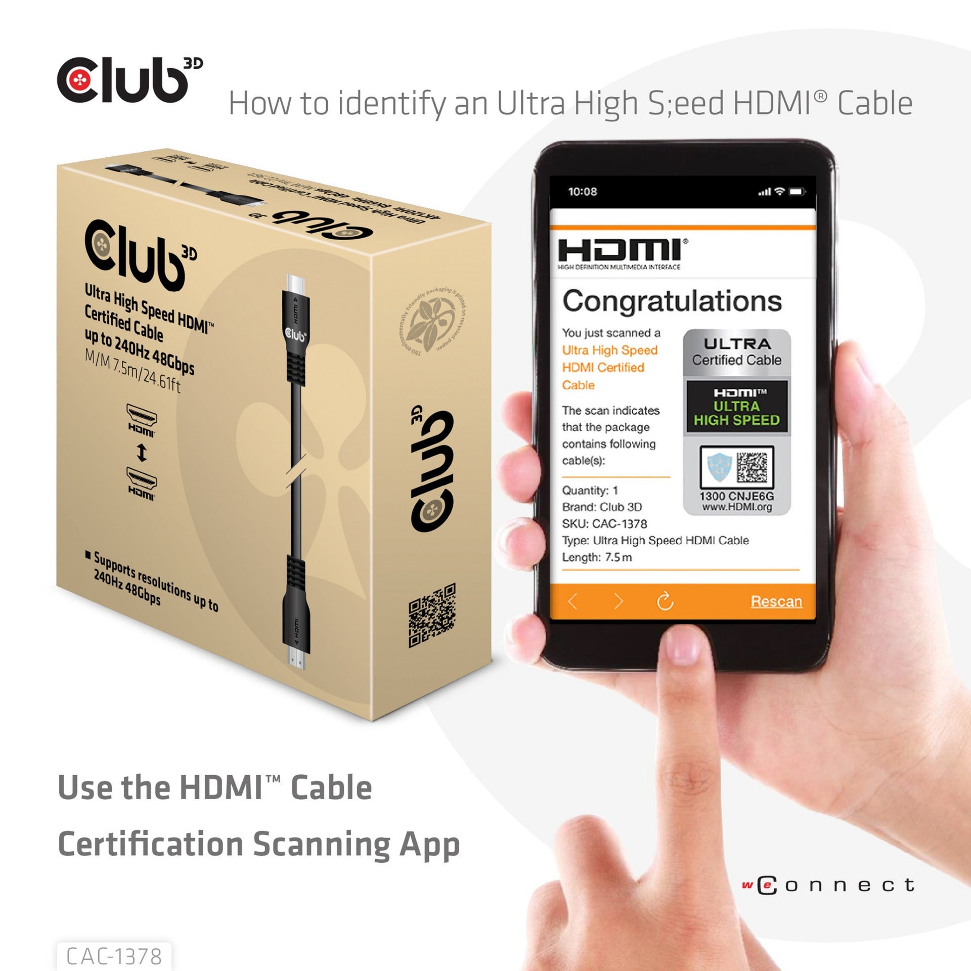 Club 3d ultra high speed hdmi certified kabel (zwart, 7,5 meter, 4k120 hz, 8k60 hz)