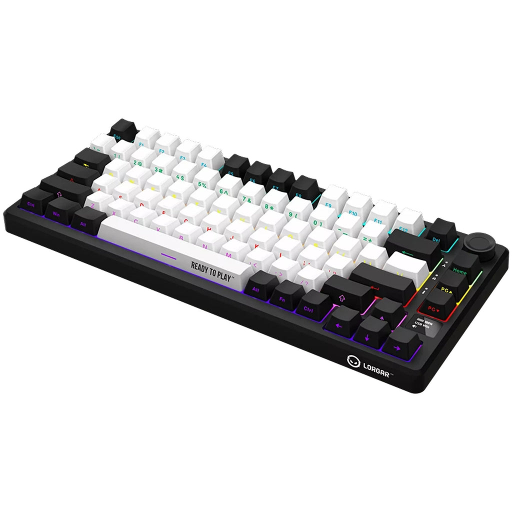 Lorgar kbp7075w rgb mechanisch gaming toetsenbord (zwart, us lay-out (qwerty), logar toxic purple, 75%, rgb, hot-swappable, pbt double-shot, bluetooth | 2.4ghz | usb)