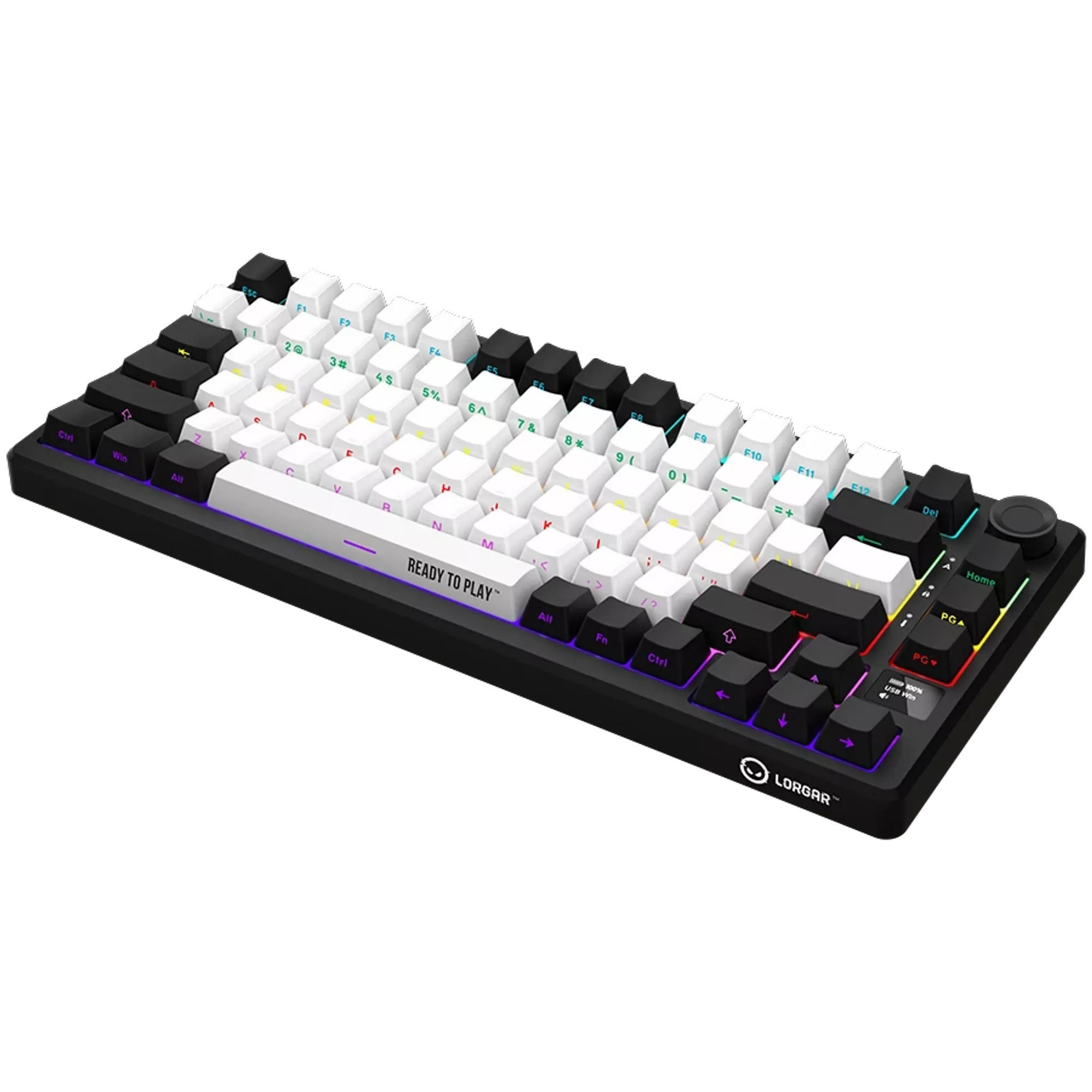 Lorgar kbp7075w rgb mechanisch gaming toetsenbord (zwart, us lay-out (qwerty), logar toxic purple, 75%, rgb, hot-swappable, pbt double-shot, bluetooth | 2.4ghz | usb)