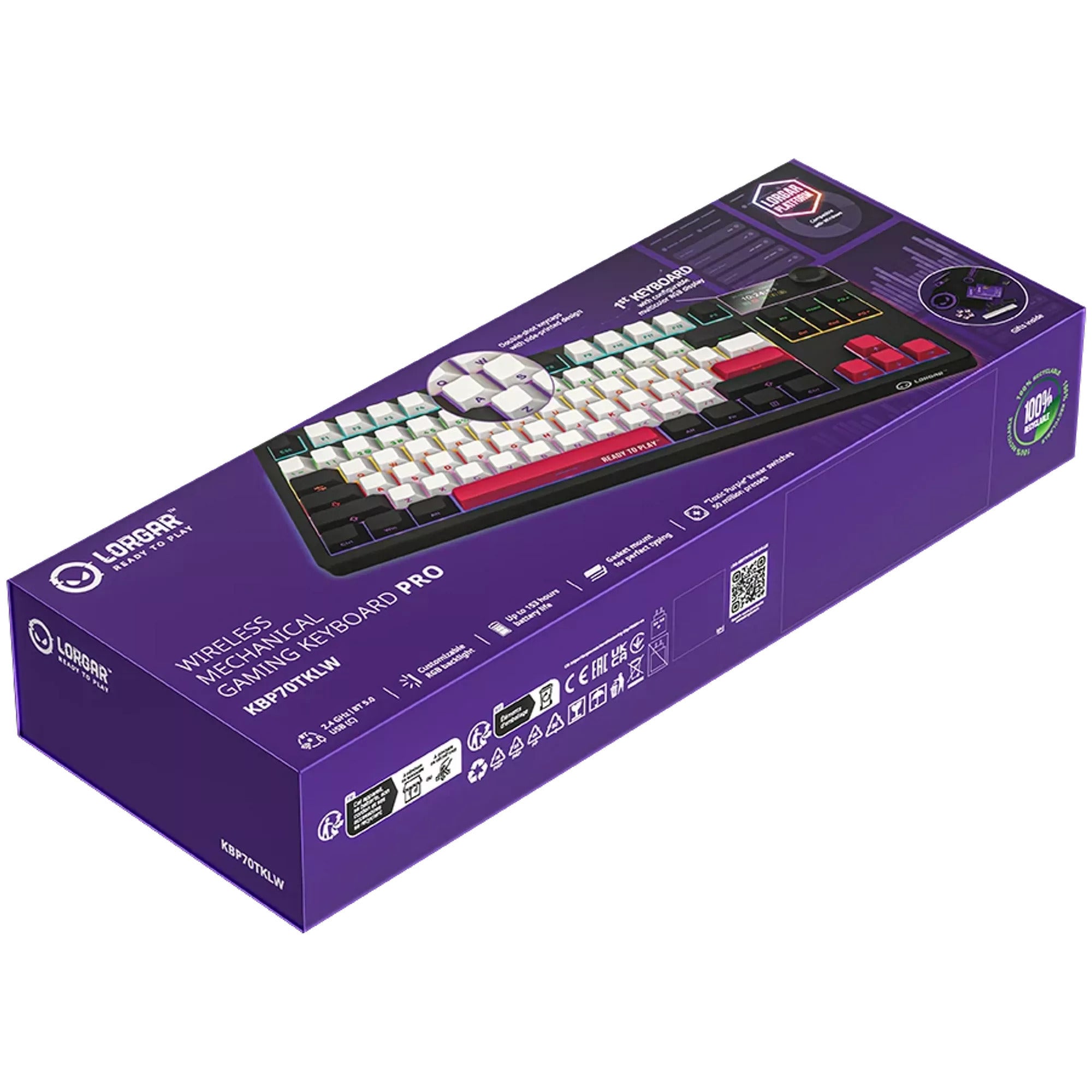 Lorgar kbp70tklw rgb mechanisch gaming toetsenbord (zwart, us lay-out (qwerty), logar toxic purple, 80% (tkl), rgb, hot-swappable, pbt double-shot, bluetooth | 2.4ghz | usb)