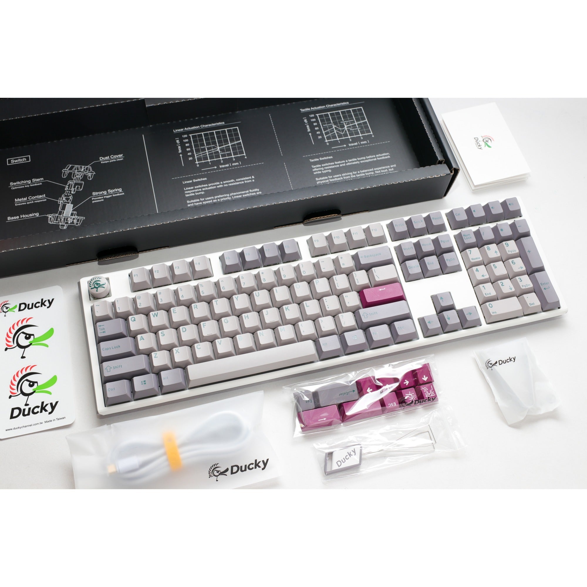 Ducky one 3 mist grey, toetsenbord (lichtgrijs, us lay-out, cherry mx red, rgb led, double-shot pbt, hot-swappable, quack mechanics)
