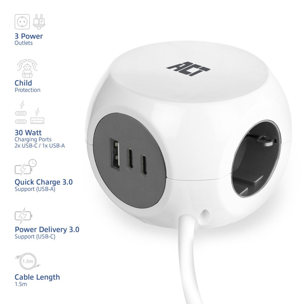Act connectivity stekkerdoos kubus met 3 stopcontacten, 30w power delivery usb-c a poorten, kabellengte 1,5m stekkerdoos (wit, type f)
