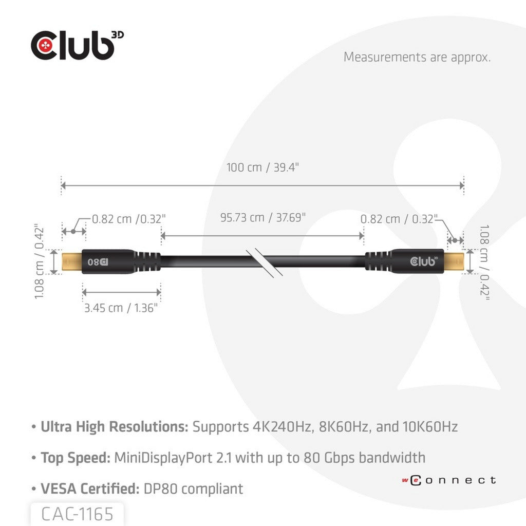Club 3d minidisplayport naar minidisplayport dp80 bidirectioneel kabel (zwart, 1 meter, vesa-gecertificeerd)