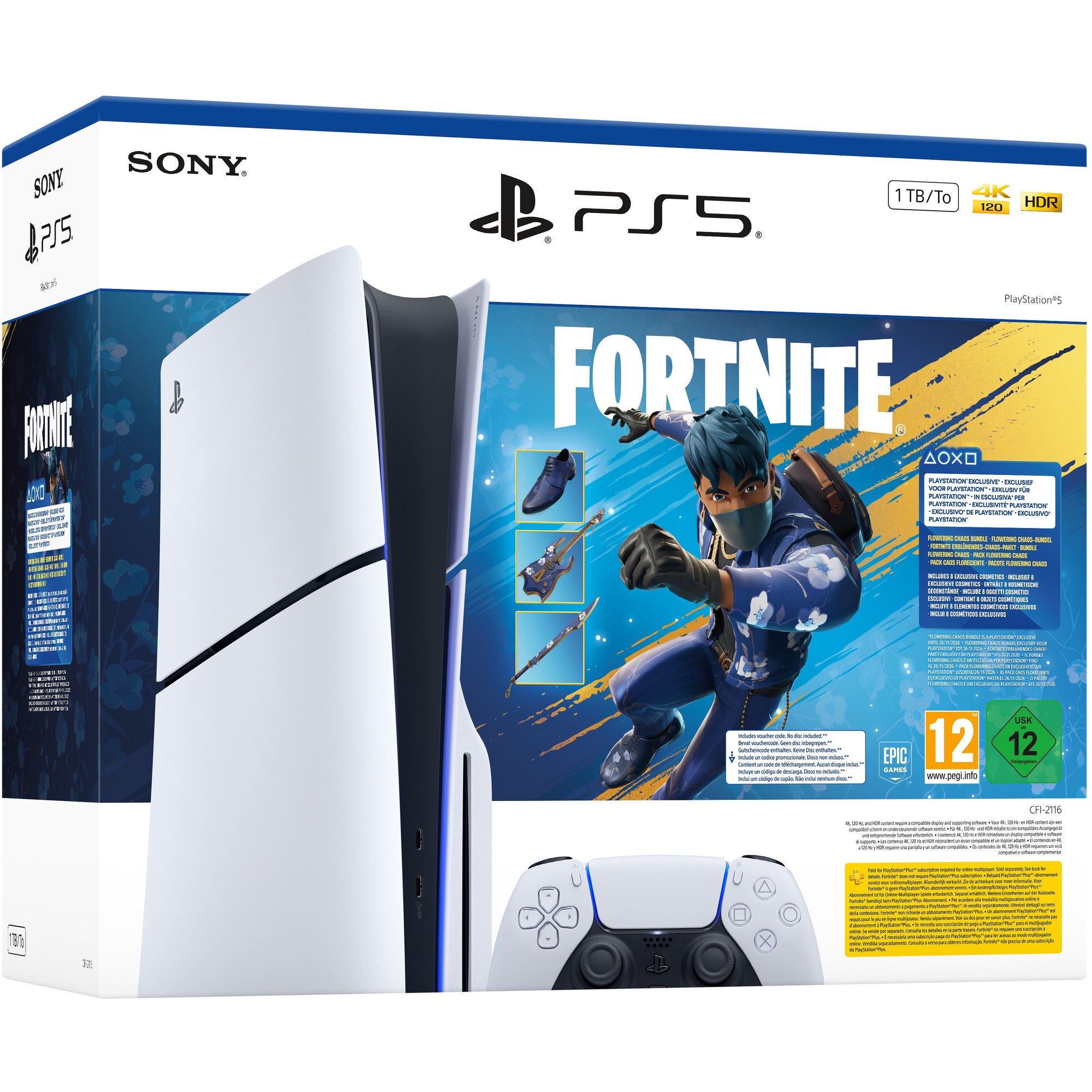 Sony playstation 5 (slim) - 1 tb - fortnite flowering chaos bundel spelconsole (wit zwart)