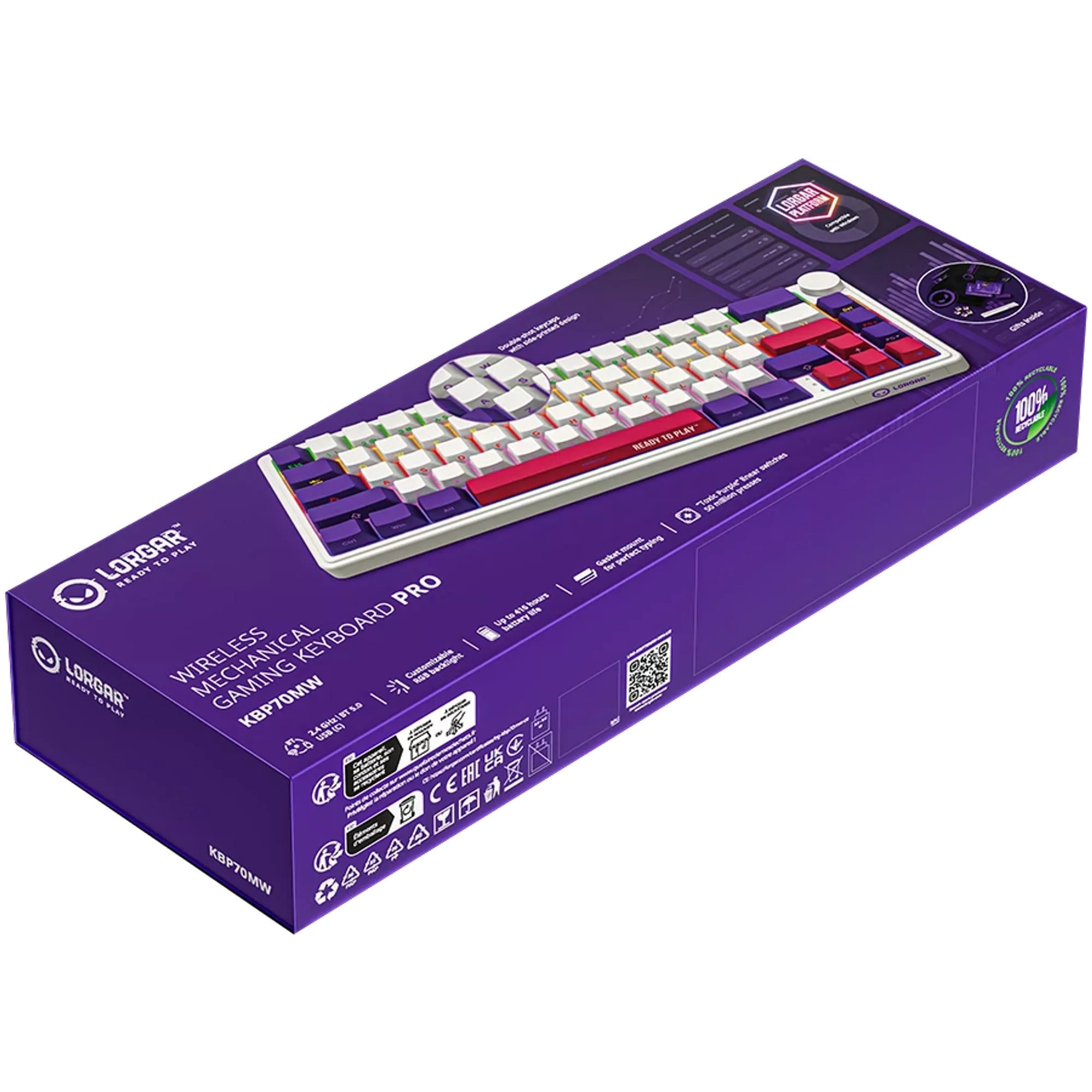 Lorgar kbp70mw rgb mechanisch gaming toetsenbord (wit, us lay-out (qwerty), logar toxic purple, 65%, rgb, hot-swappable, pbt double-shot, bluetooth | 2.4ghz | usb)