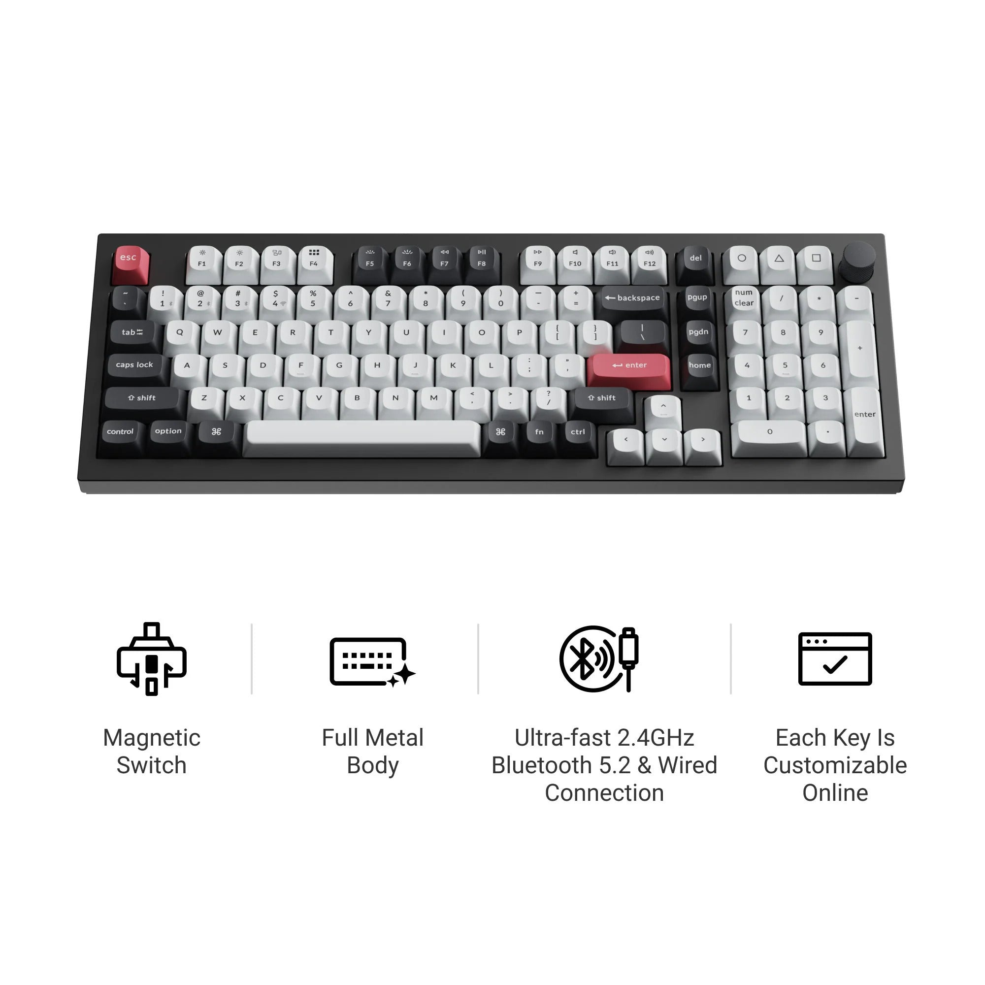 Keychron q5 he qmk wireless custom keyboard (wit, us lay-out (qwerty), gateron double-rail magnetic nebula, 96%, rgb leds, osa double-shot pbt, hot swap, knob, 2.4ghz | bluetooth 5.1 | usb-c)