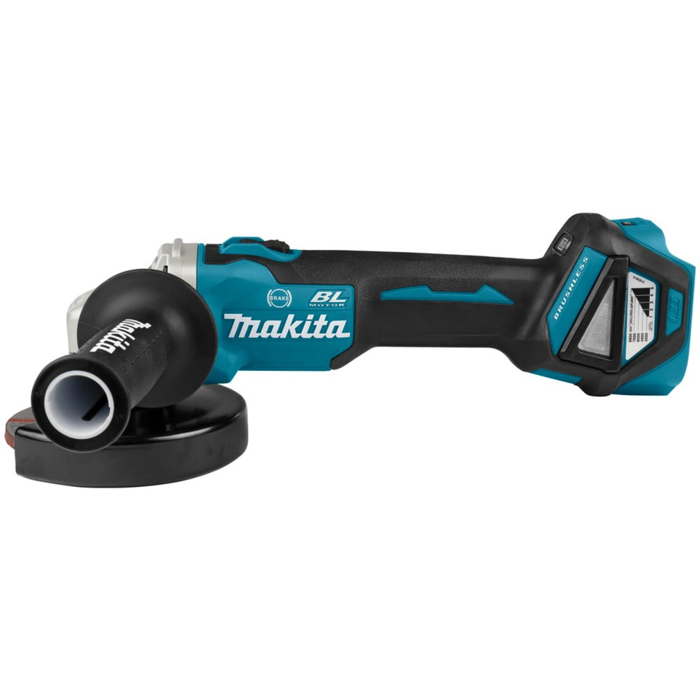 Makita 18 v haakse slijper 125 mm dga513zj (blauw zwart, accu en oplader niet inbegrepen, in mbox, met vastzetschakelaar)