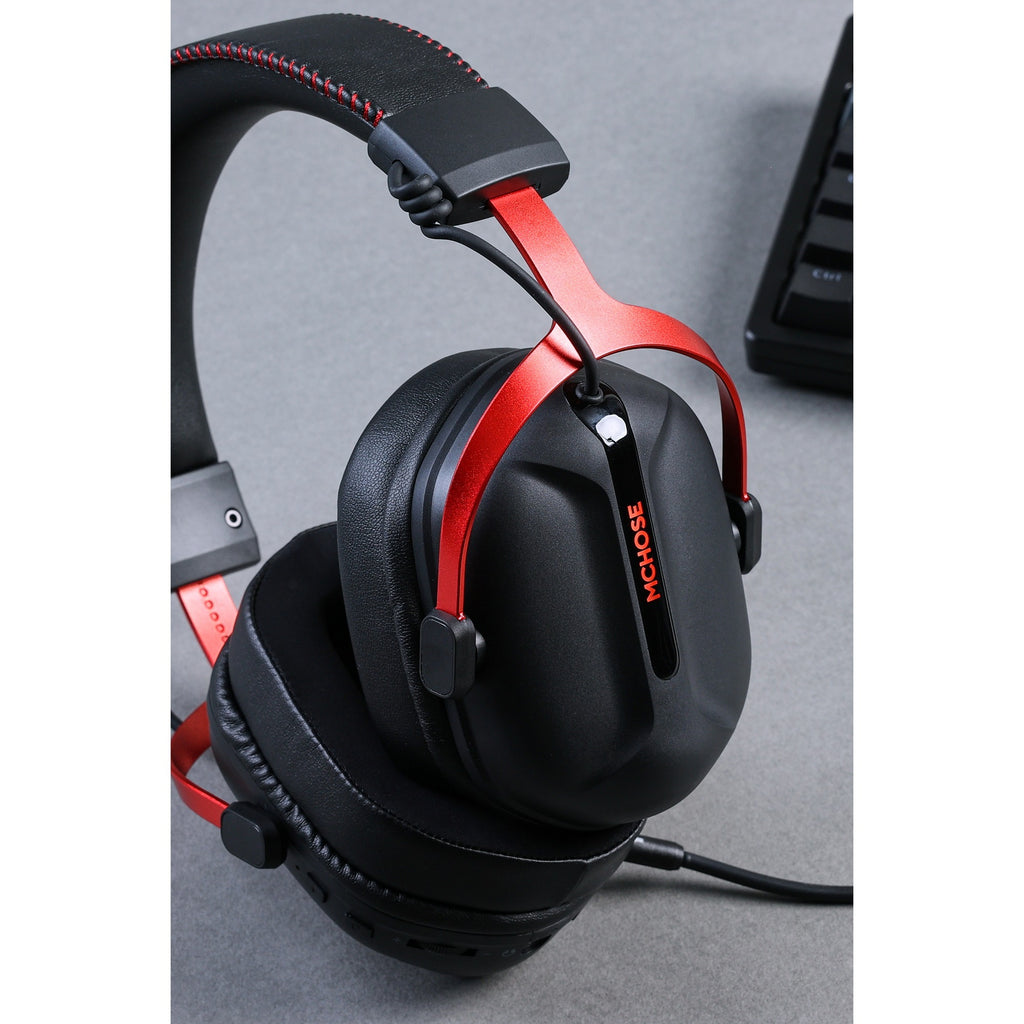 Mchose s9 pro wireless over-ear gaming headset (zwart rood, pc laptop playstation switch smartphone, 2.4g bluetooth wired type-c )