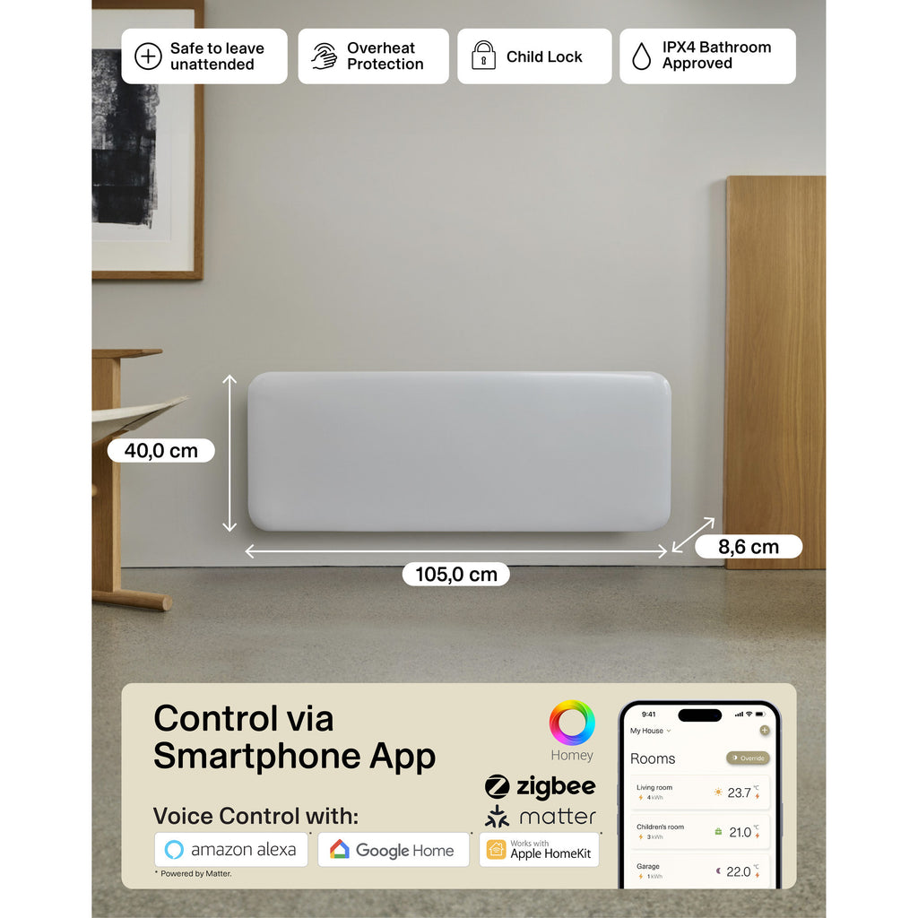 Mill steel wifi paneelverwarming pa1300wifi4, 1300 watt convector (wit, wifi 2,4 ghz (wifi 6), bluetooth 5.2, zigbee 3.0 + app)