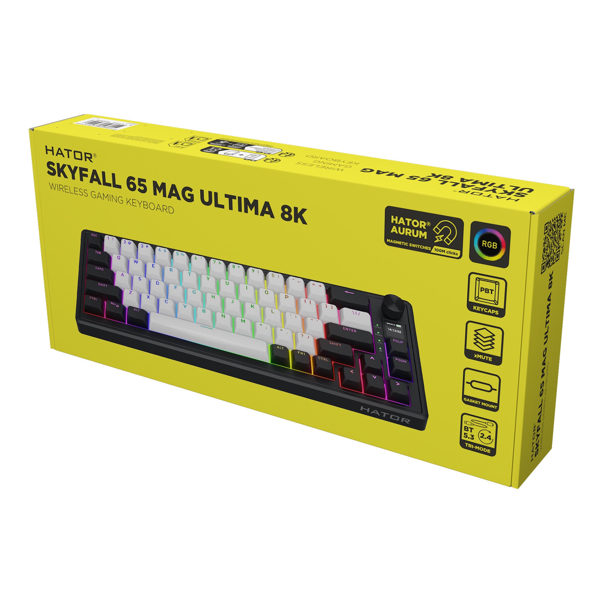 Hator skyfall mag ultima 8k wireless rgb mechanisch gaming toetsenbord (zwart, us lay-out (qwerty), hator aurum ice, 65%, rgb, double-shot pbt, hot-swap, 2.4ghz | bluetooth | usb-c)